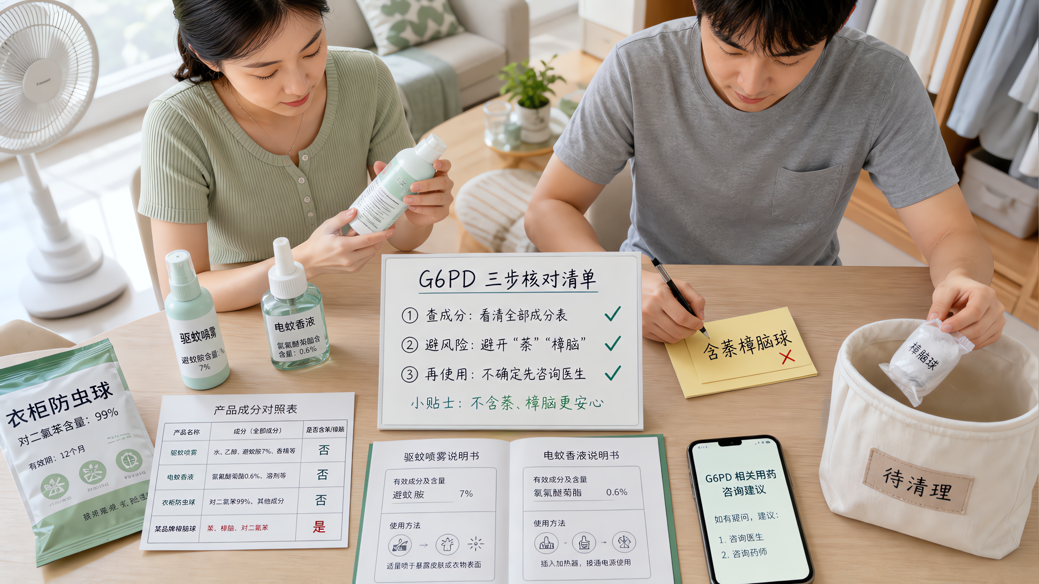 中国年轻备孕夫妻在夏季明亮整洁的家中客厅进行“家庭成分体检”,桌面摆放驱蚊喷雾、电蚊香液、衣柜防虫球