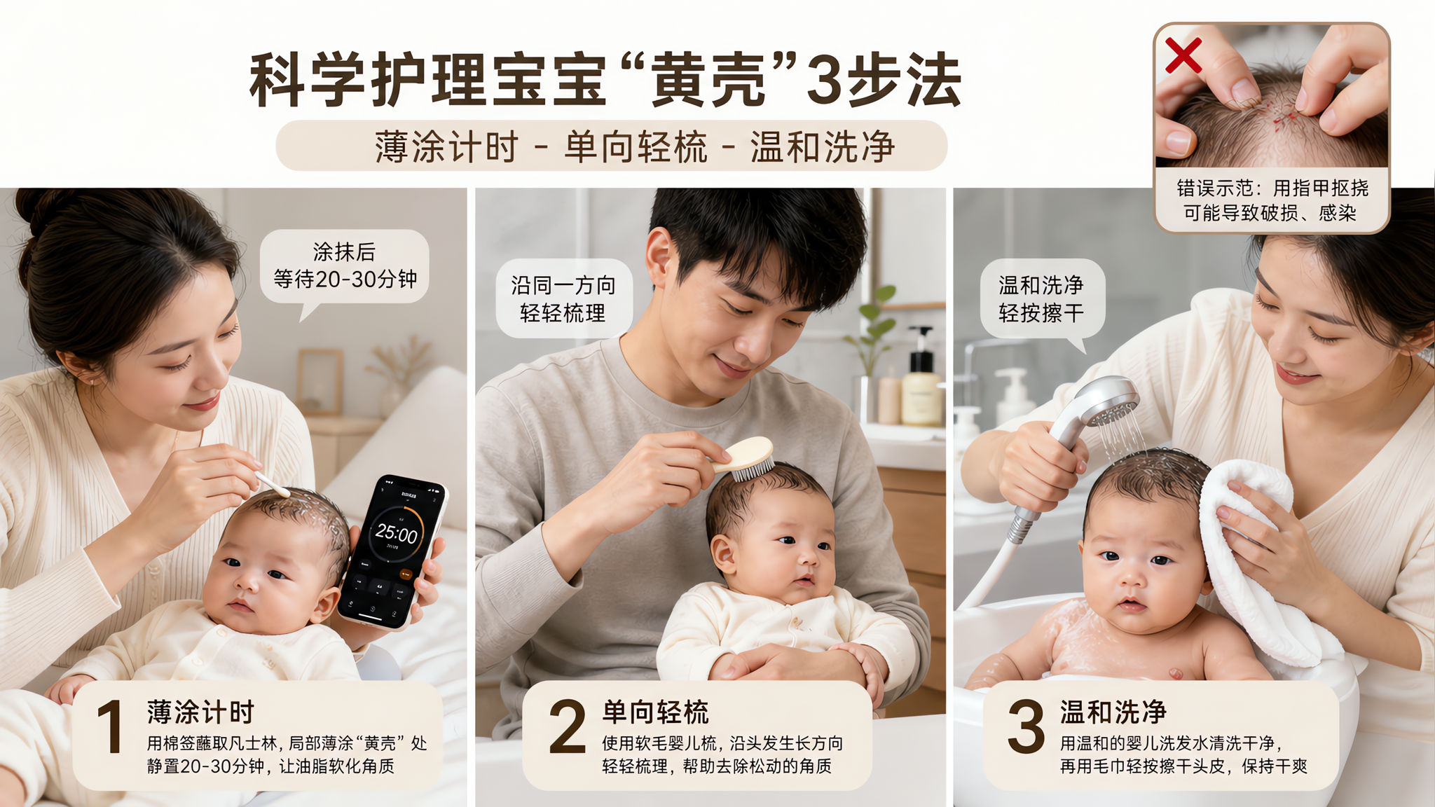 宝宝头上黄壳别抠：凡士林软化20分钟再梳