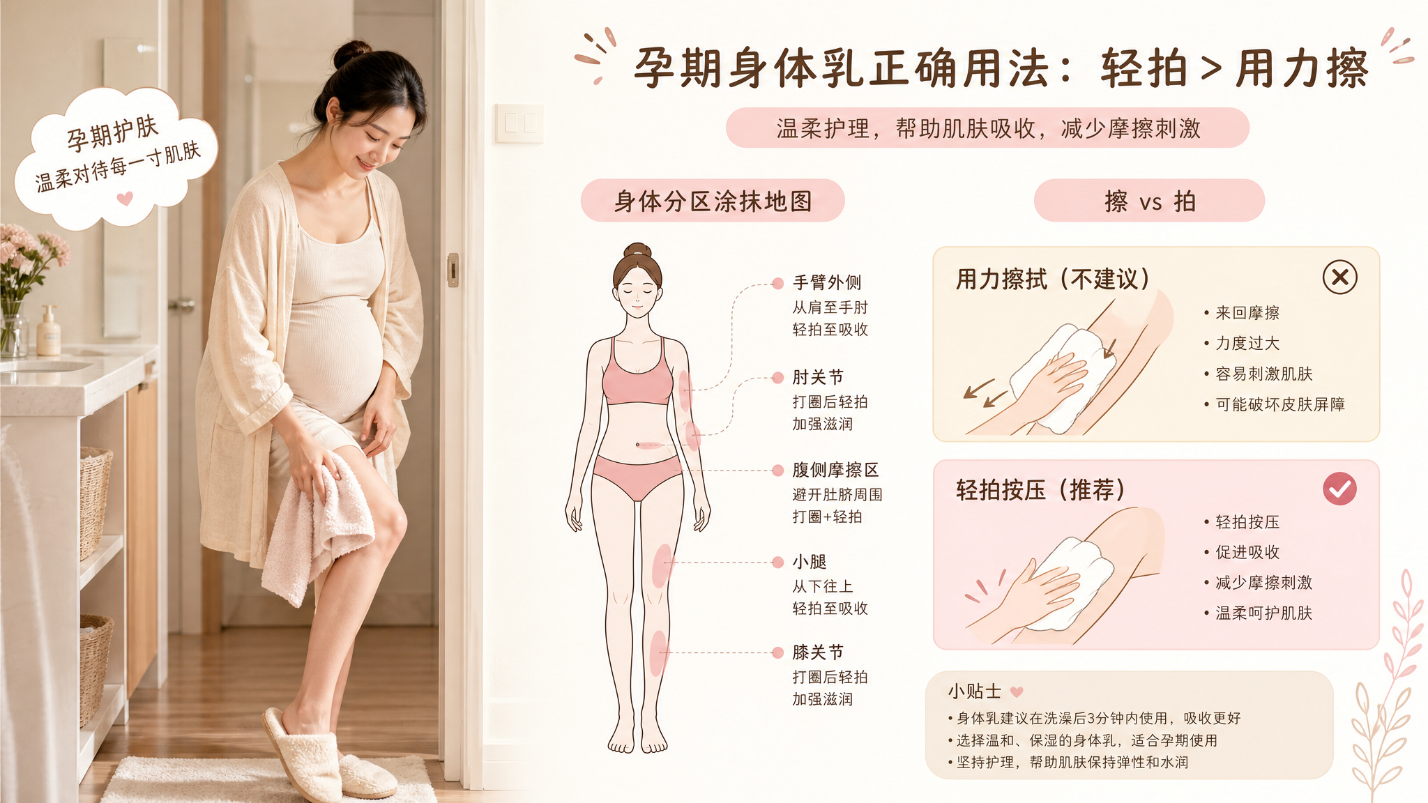 竖版治愈系科普长图风格画面，一位中国孕妈站在浴室门口或卧室更衣区，穿舒适家居服，手持柔软毛巾正在“轻