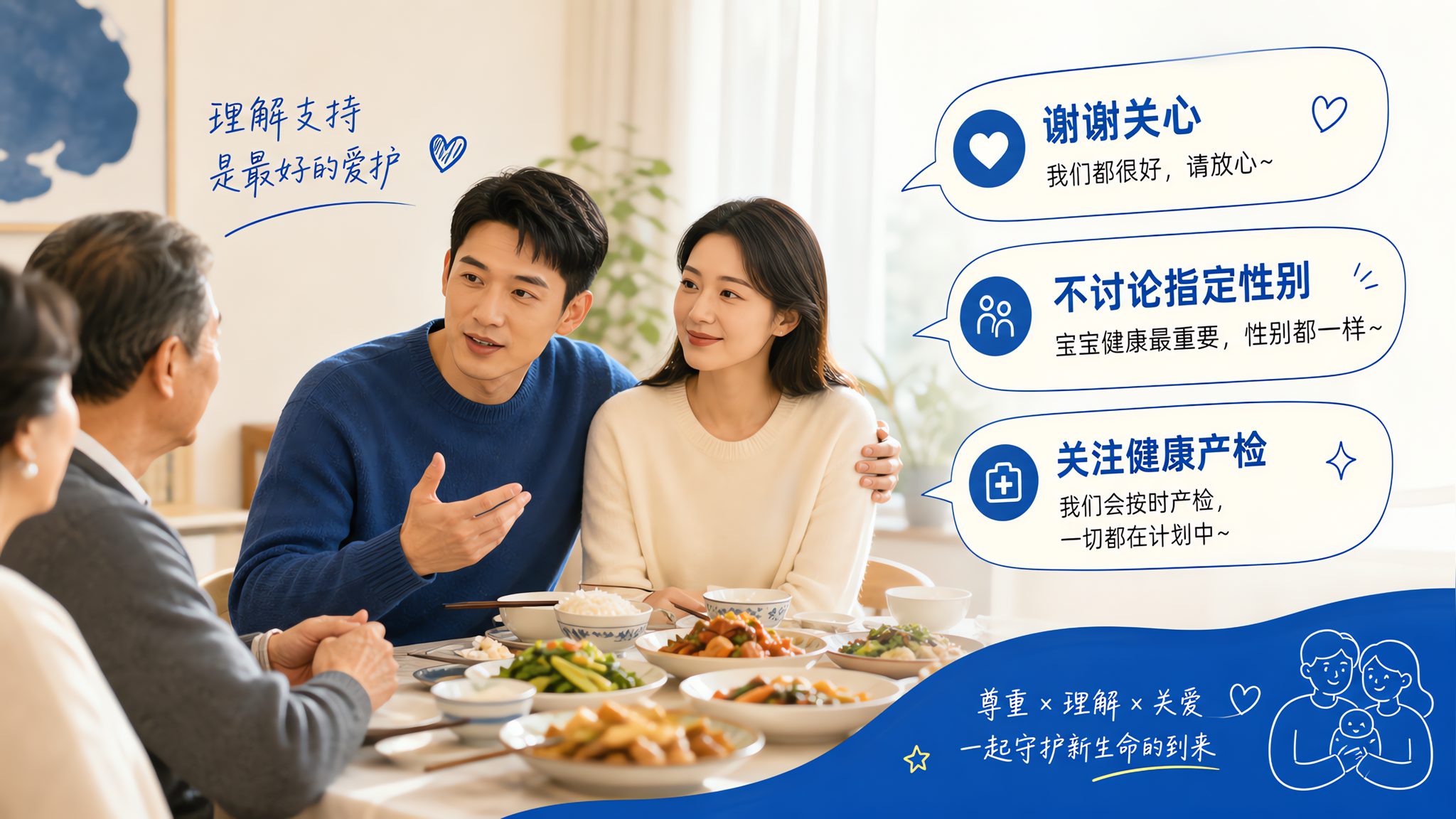 中国家庭聚餐饭桌场景,客厅餐桌上有家常菜,画面中一对中国年轻夫妻坐在一起,丈夫微微前倾温和但坚定地开