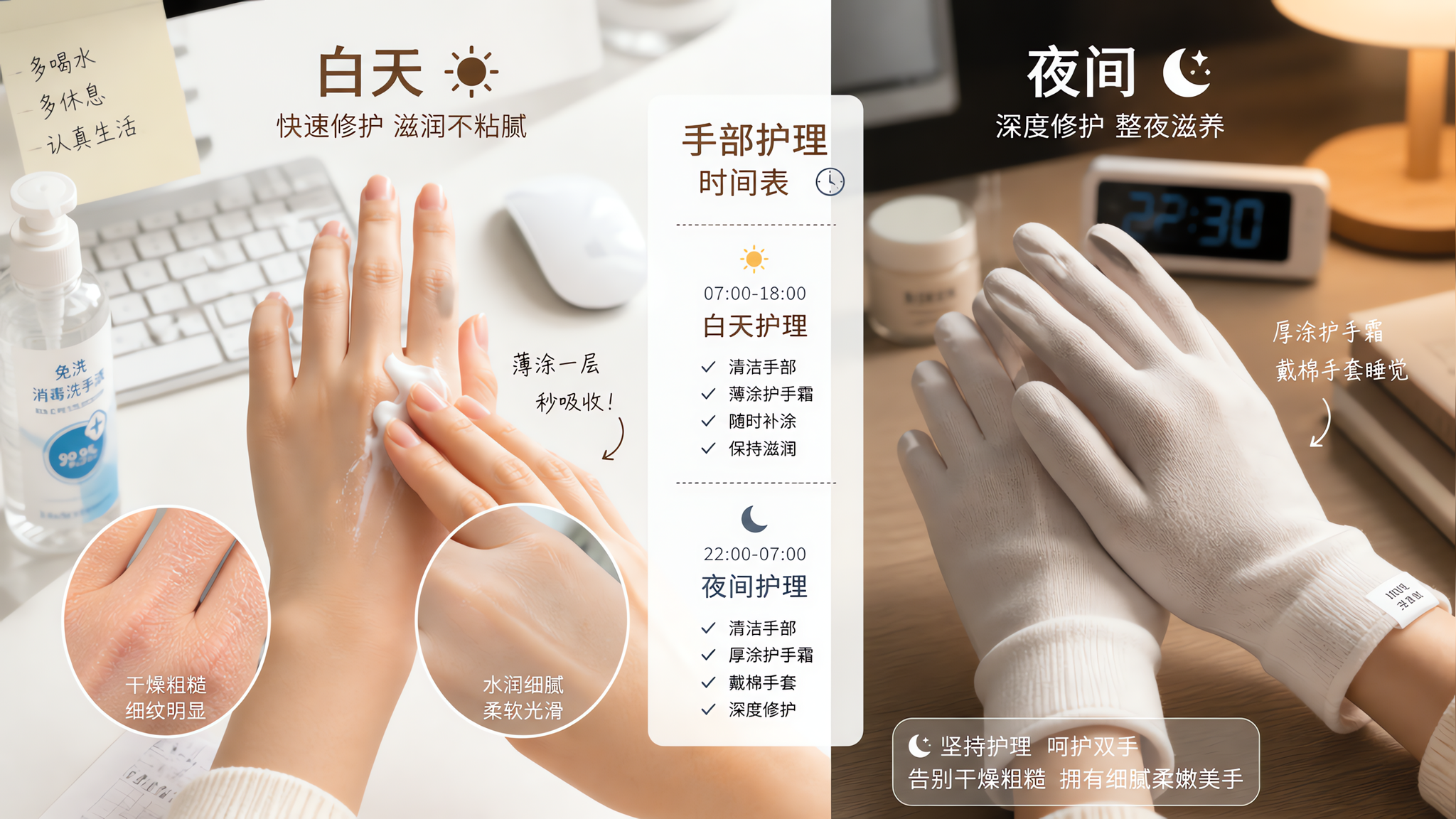 中国职场年轻人在办公室工位前,双手做护理对比展示,一只手正在薄涂护手霜并快速吸收,另一侧画面展示夜间