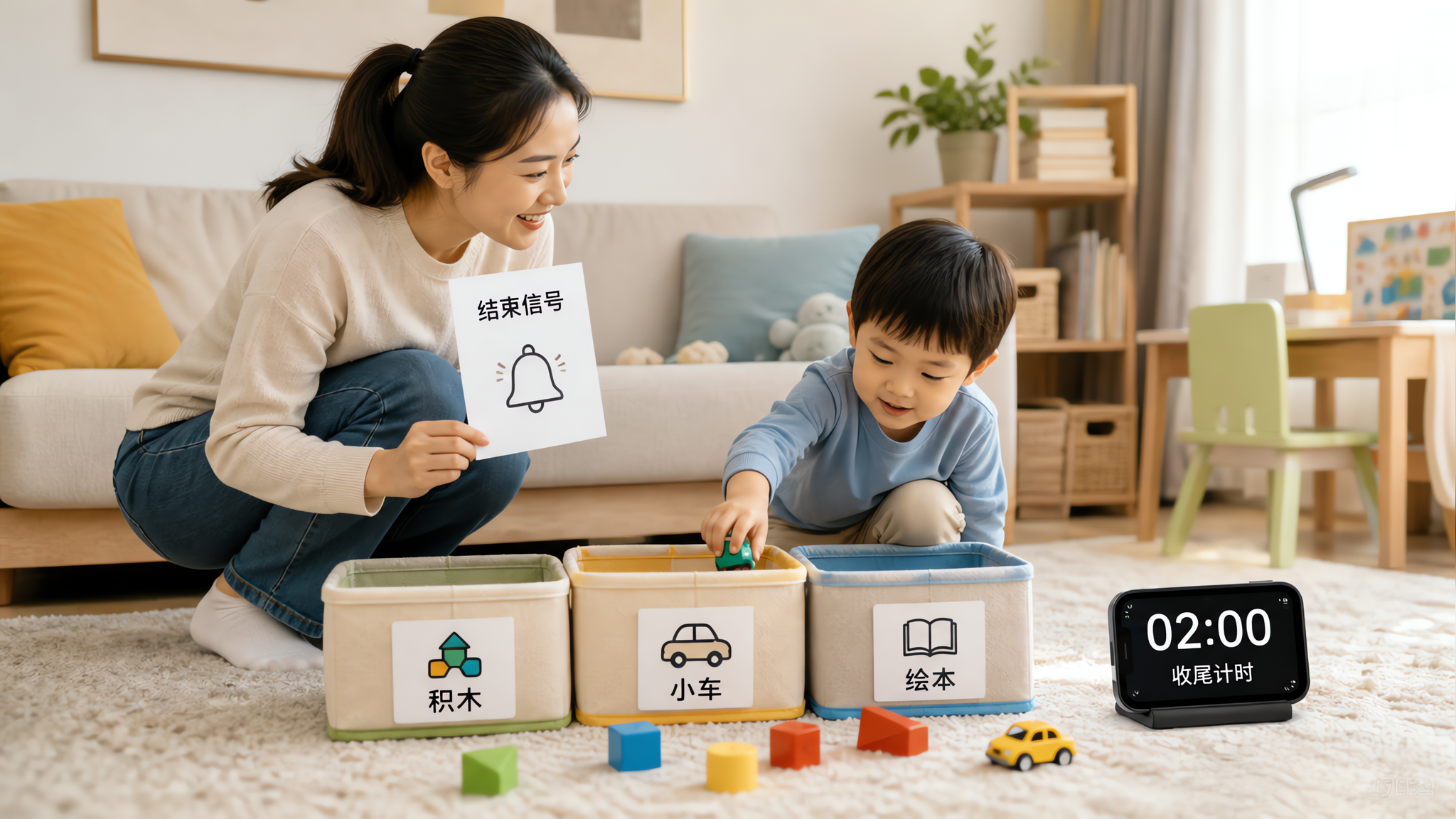 中国年轻妈妈和中国3-5岁幼儿在家庭客厅进行“活动结束收尾训练”，地毯上有分类收纳篮与少量积木和小车