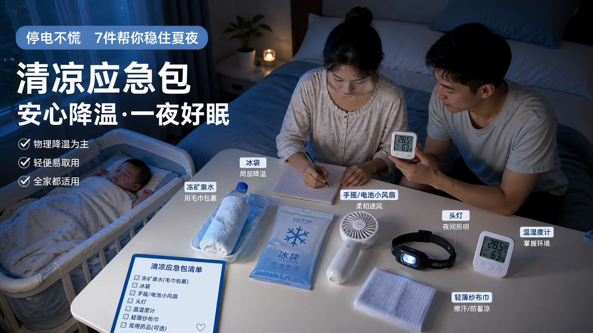 中国家庭卧室场景,夜间停电的氛围但画面清晰可见;一张床边小桌上平铺“清凉应急包”物品:冻矿泉水用毛巾