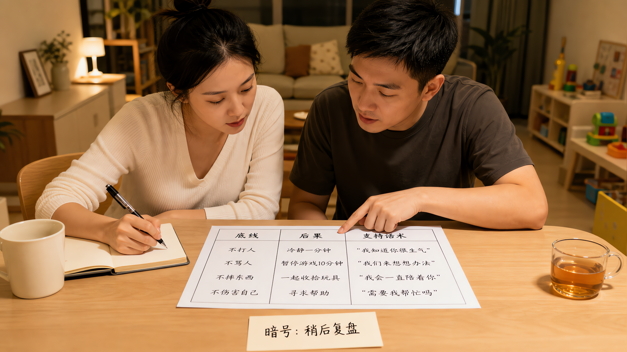 中国年轻夫妻在家中餐桌旁夜晚开小会，桌面放着一张清晰的三列表格纸（底线/后果/支持话术）和一张写着暗