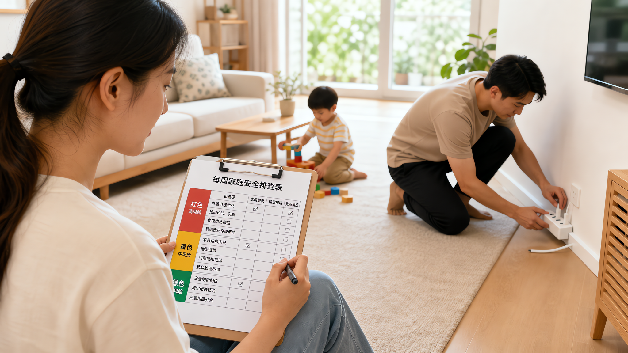 中国年轻父母在家中客厅进行“每周家庭安全排查”，妈妈手拿A4打印的红黄绿分级排查表在夹板上记录，爸爸