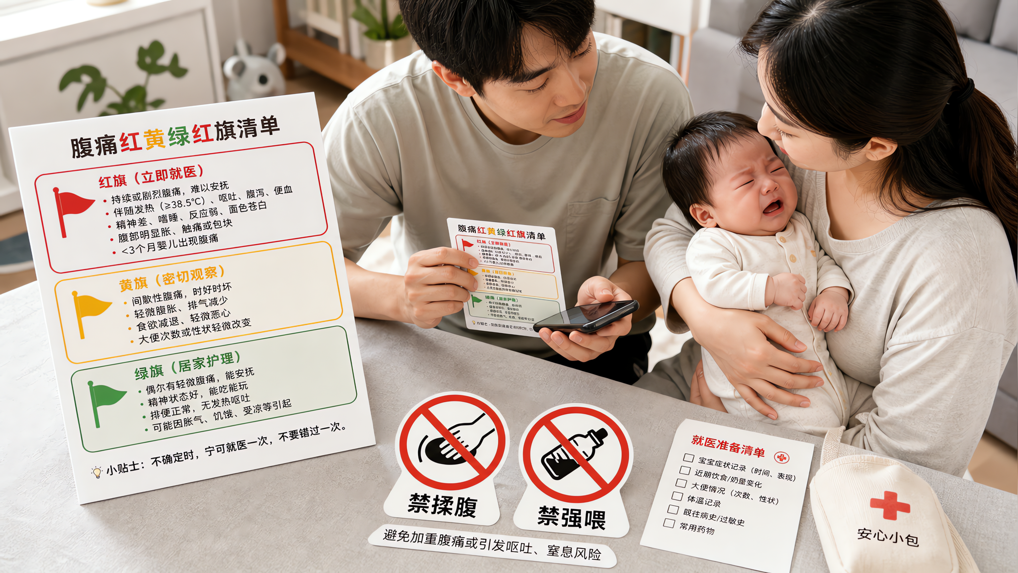 0-1岁肚子疼先别揉：腹痛红旗红黄绿一看就懂
