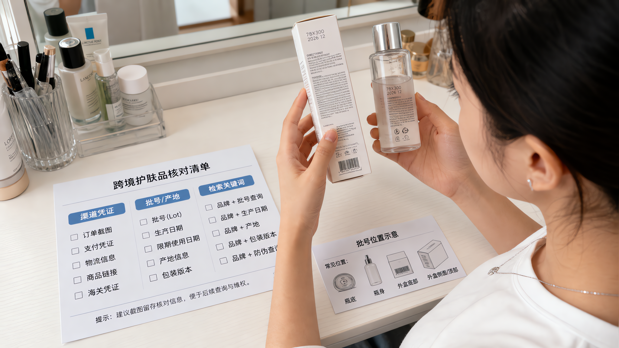 明亮整洁的家庭梳妆台场景,一位中国年轻女性坐在桌前,双手拿着一支跨境护肤品外盒与瓶身对照查看批号与标