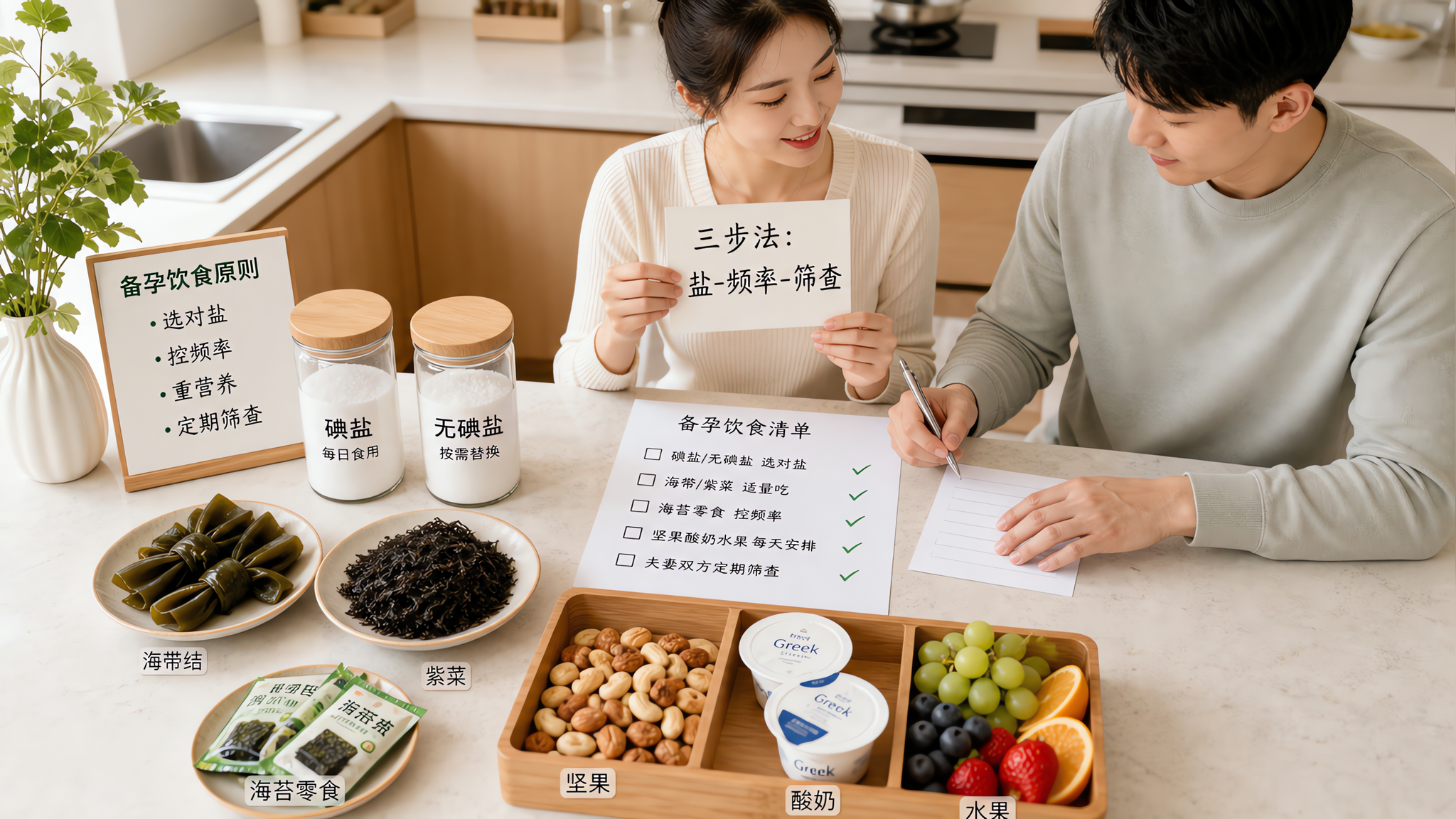 中国年轻夫妻在家中明亮干净的厨房台面前做备孕饮食盘点,桌面摆放碘盐与无碘盐两种盐罐、海带结、紫菜、海