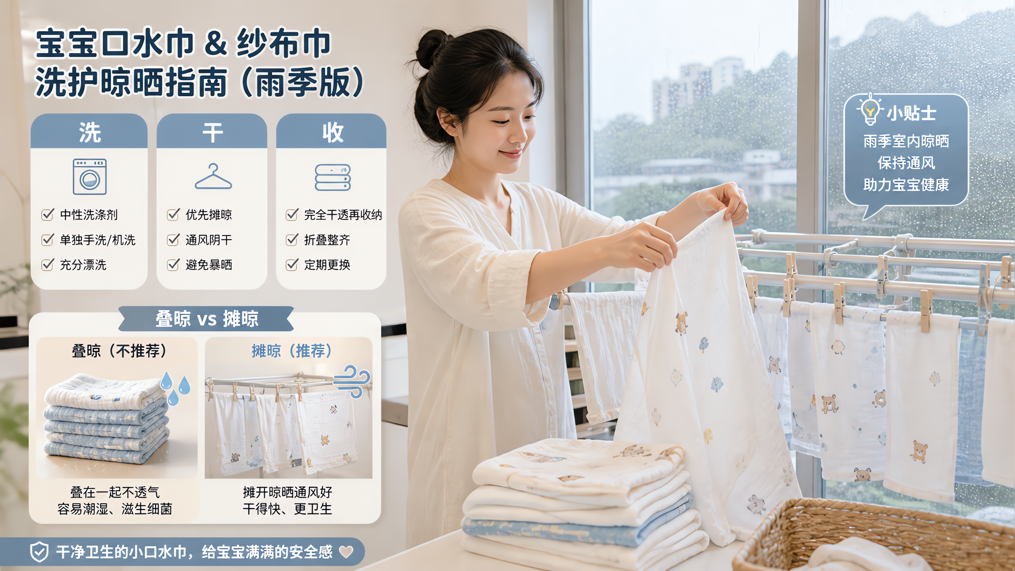台风季口水巾晒干还发潮？洗晾收一套做对