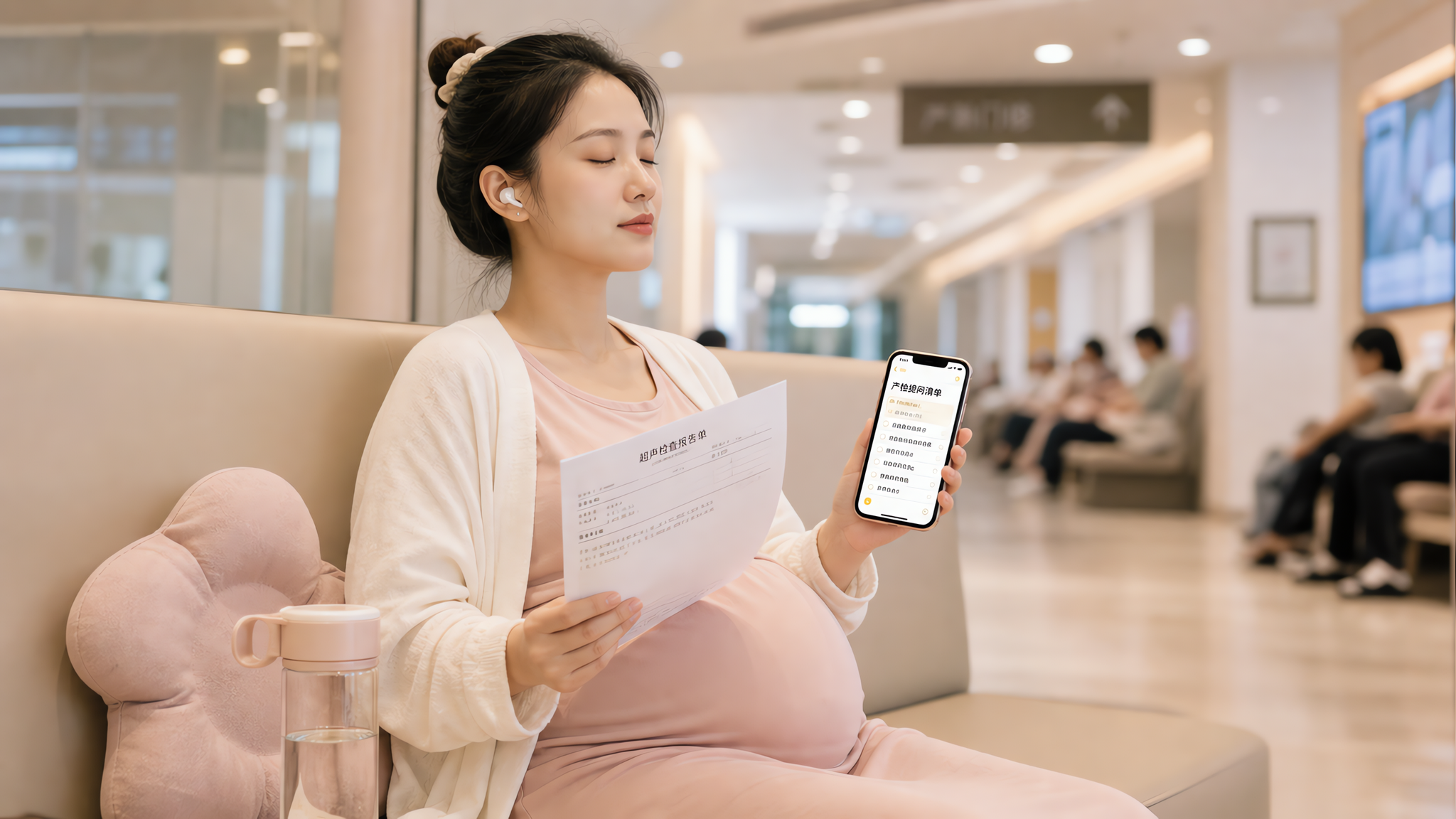 中国年轻孕妈妈独自在医院候诊区的座位上等待产检，手里拿着检查报告单与手机，手机备忘录界面显示提问清单
