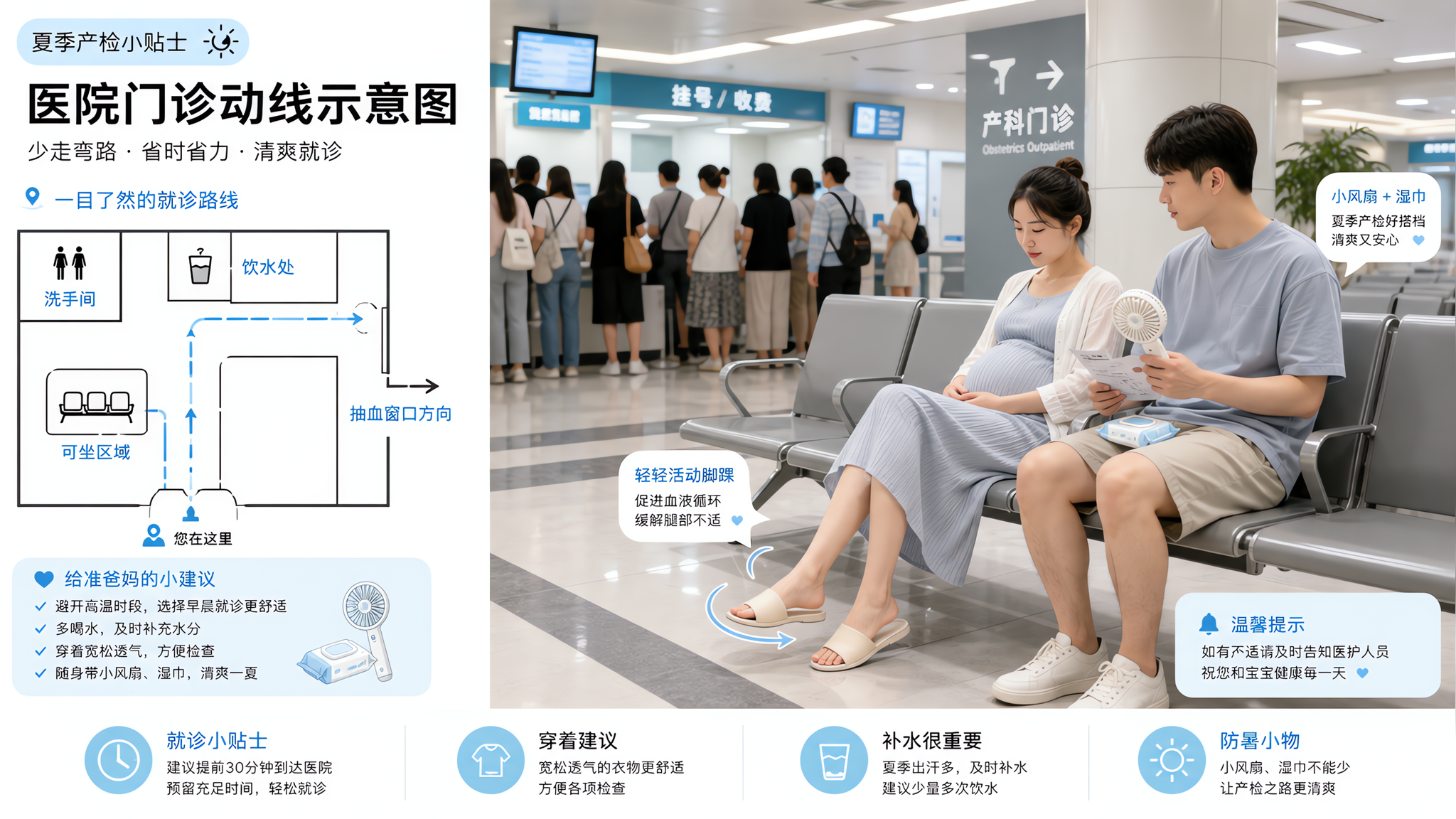 中国孕妇在夏季医院门诊大厅排队等候的场景，孕妇坐在候诊区长椅上轻轻活动脚踝，旁边有中国年轻准爸爸手拿