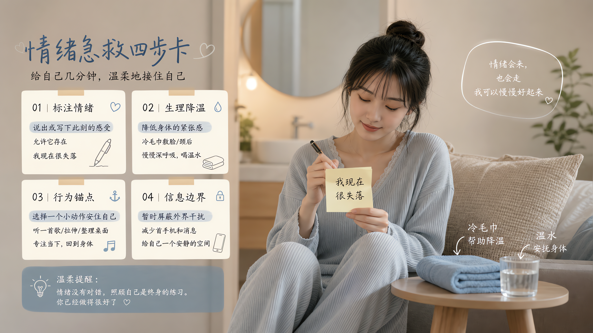 中国年轻女性在家中卫生间外的安静角落,身穿舒适家居服,坐在床边或沙发边,手拿便签写下“我现在很失落”