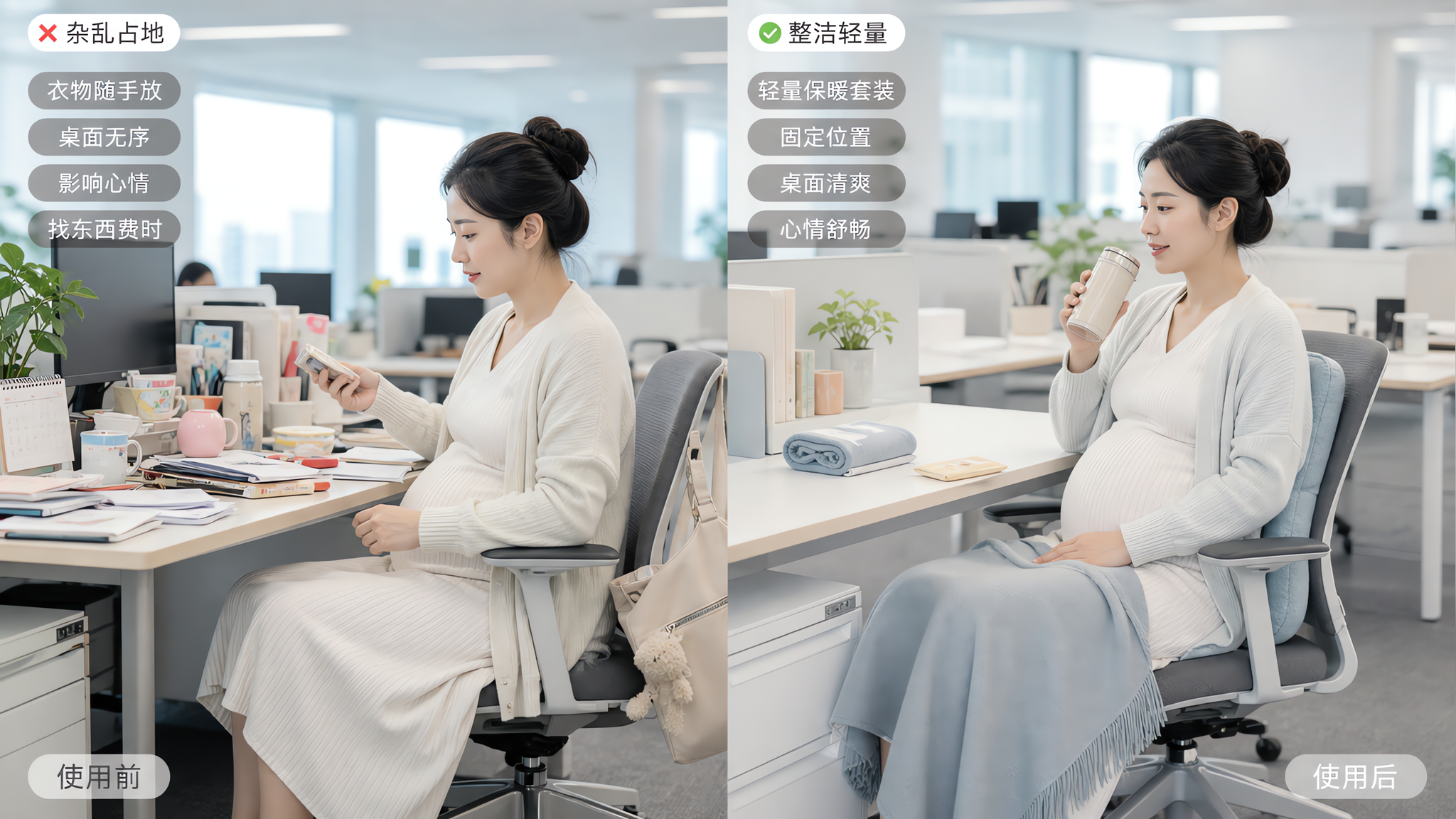 中国孕妈在现代办公室工位，穿简洁通勤装，坐在办公椅上整理桌面小物，画面做左右对比构图：左侧桌面杂乱占