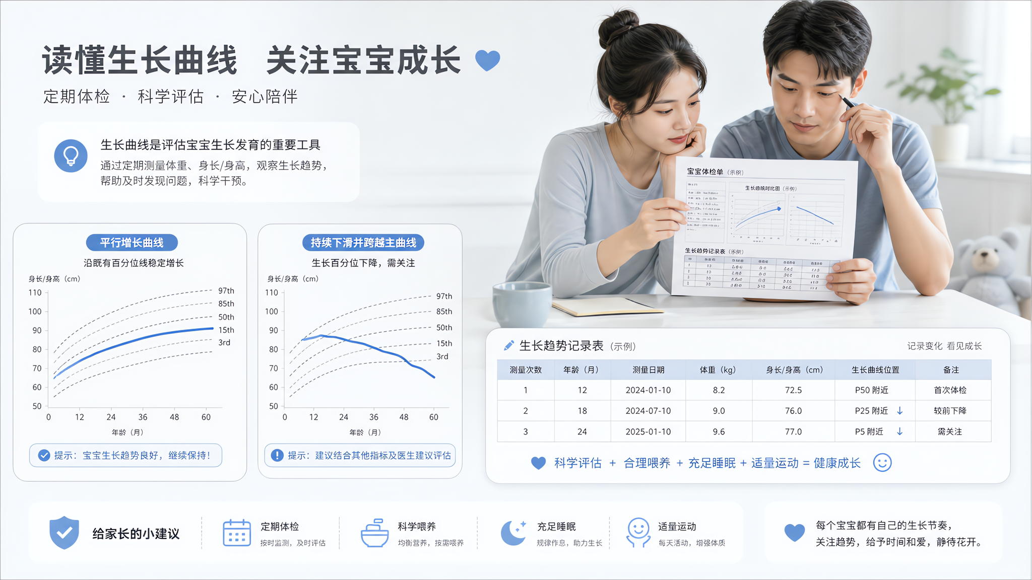 浅灰临床信息图风格画面，中国年轻妈妈与中国年轻爸爸在餐桌前一起看宝宝体检单与一张简化的生长曲线对比图