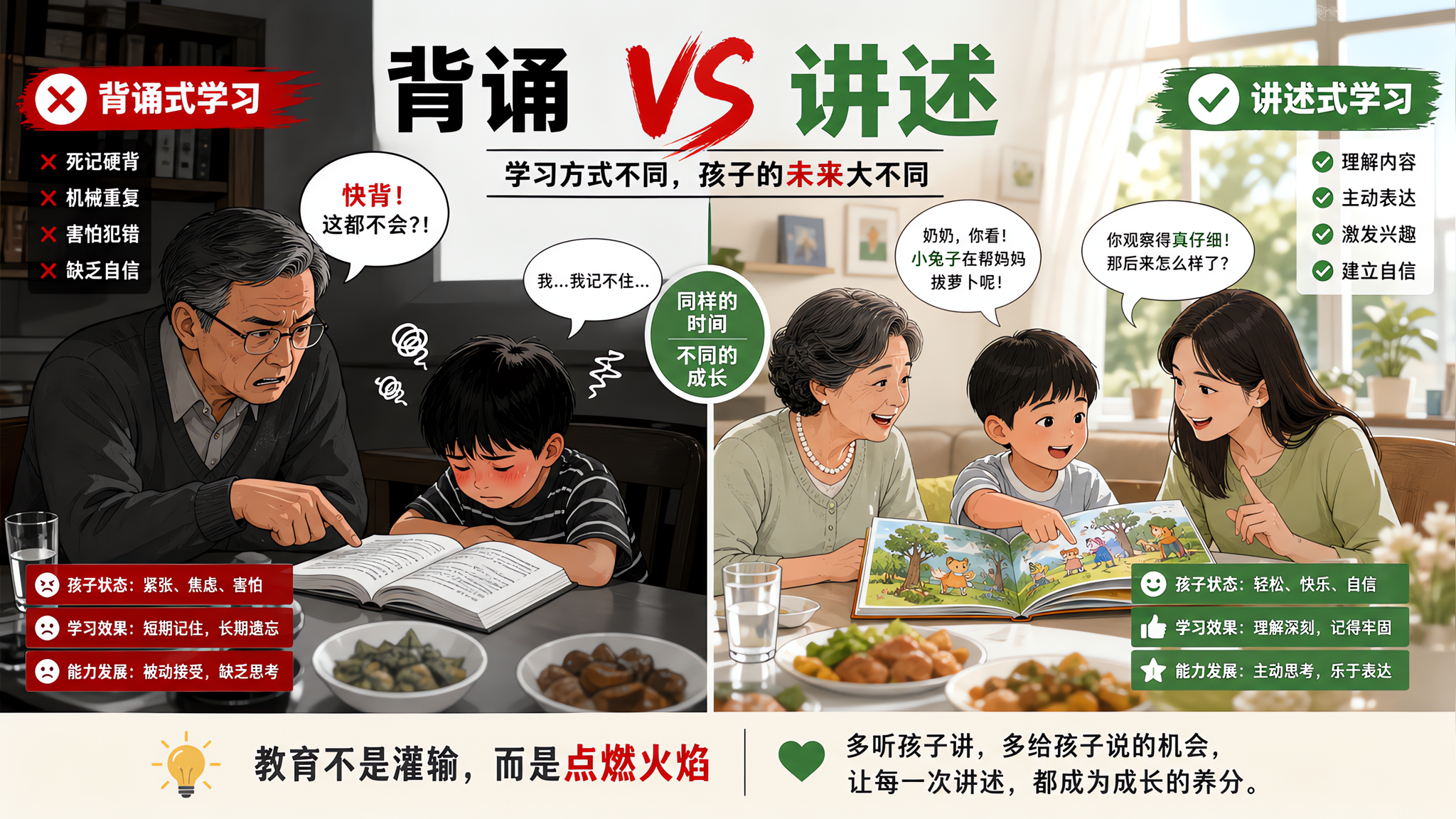 场景为中国家庭餐桌旁的晚餐时刻,中国三代同堂,核心主体是“背诵VS讲述”的对照氛围:左侧画面黑白红强