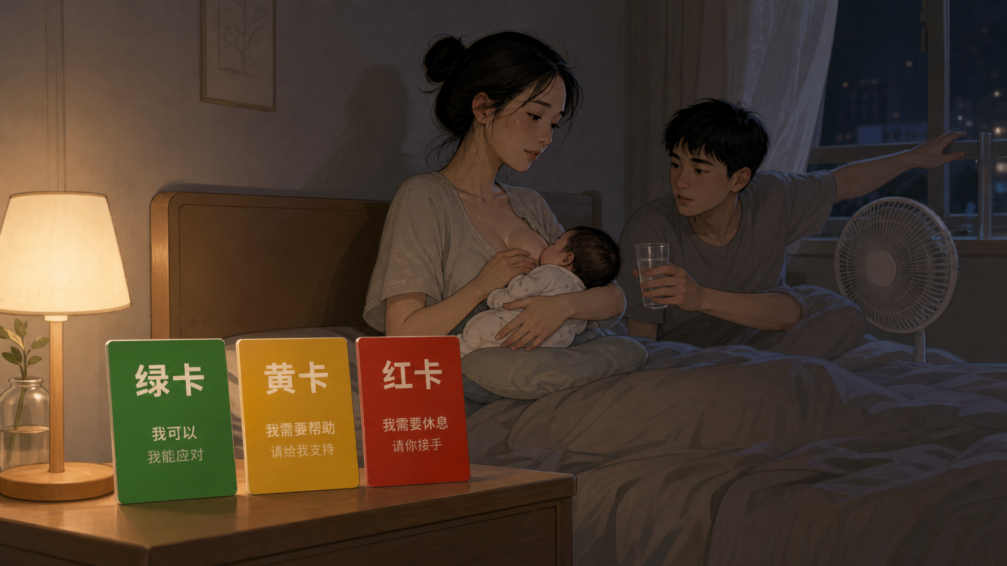 深夜喂奶崩溃时，用绿黄红三句话叫醒队友