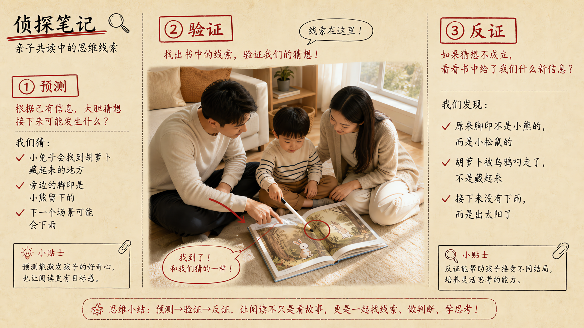 米色纸张质感的“侦探笔记”风画面,中国年轻父母与一名中国学龄前儿童坐在温暖的家庭客厅地毯上共读绘本,