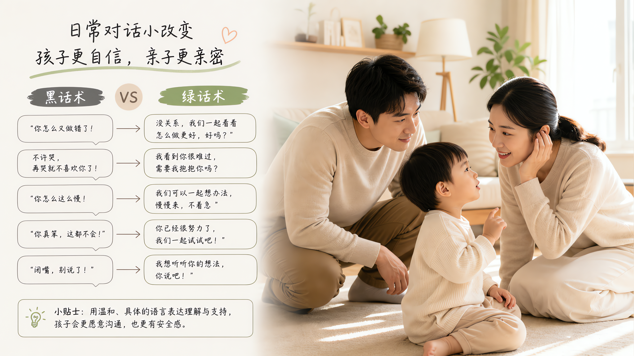 中国年轻父母在家庭客厅与中国2岁幼儿互动交流的场景，父母蹲下靠近孩子，表情温和专注，孩子轻声说话父母