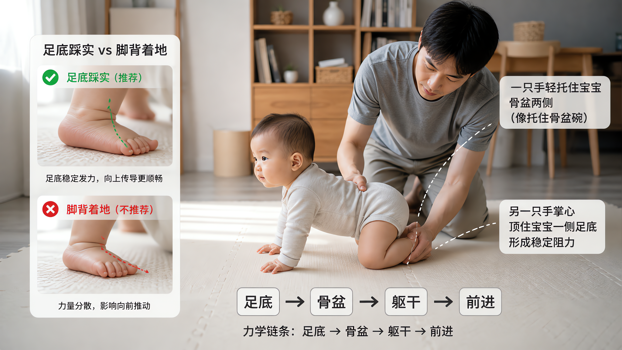 中国家庭客厅场景,地面为浅色爬行垫,中国8个月左右婴儿处于四点跪姿准备爬行,中国年轻爸爸跪在侧后方进
