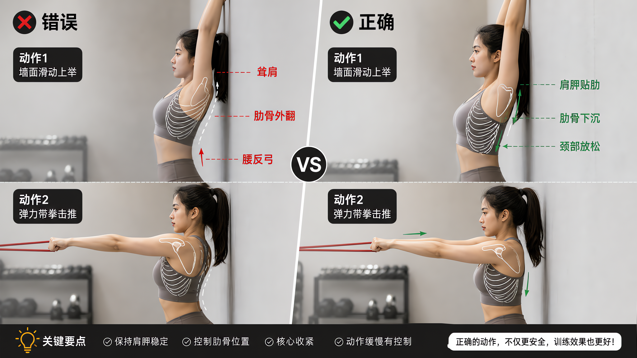 中国年轻女性健身者在室内健身房墙边进行“墙面滑动上举”和“弹力带拳击推”的动作演示，画面分为左右两栏