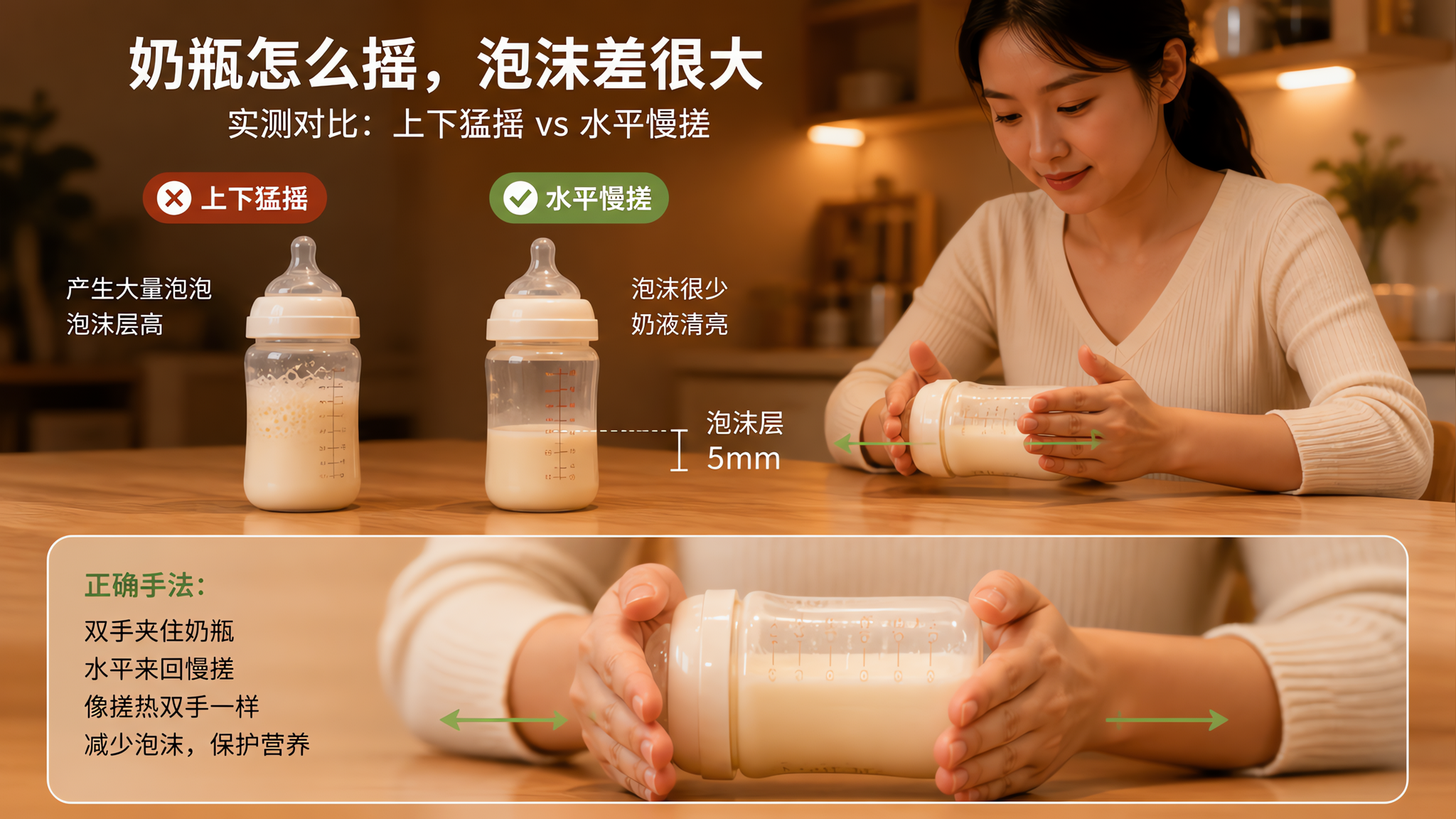 宝宝胀气别急着加浓 先把奶瓶泡沫压到5mm内