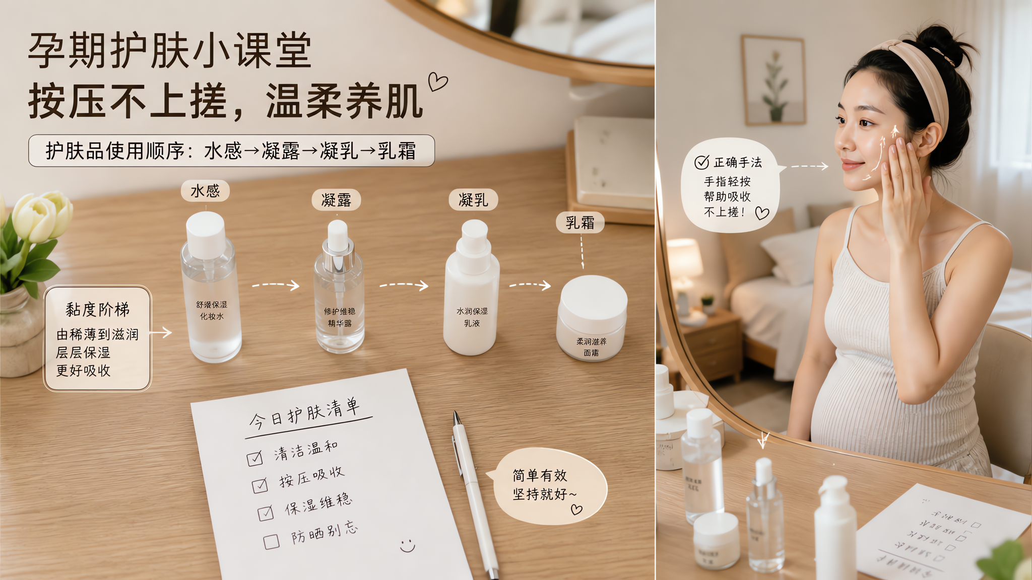 中国孕妈妈在卧室梳妆台前进行早晨护肤整理，桌面摆放少量护肤品（化妆水、精华、乳液、面霜）并按“水感→