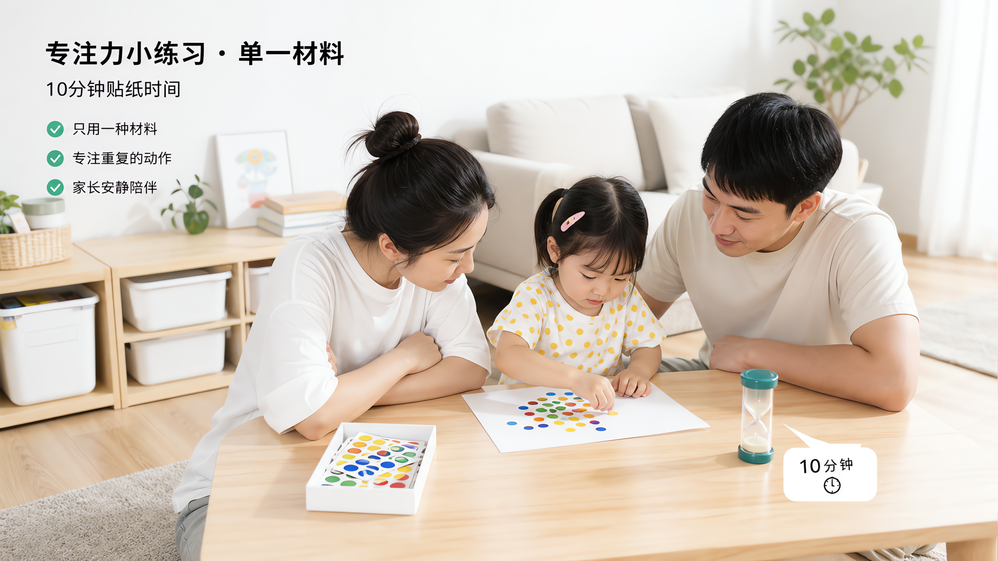 中国年轻父母在夏日明亮的客厅里陪一位中国幼儿做“单一材料”艺术活动，桌面极简只放一种材料（例如一盒彩