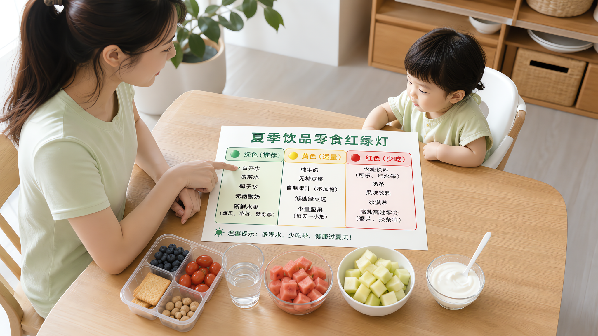 中国年轻妈妈在家中餐桌旁，和一位1-3岁中国幼儿一起看“夏季饮品零食红绿灯”表格海报，桌面摆放透明定