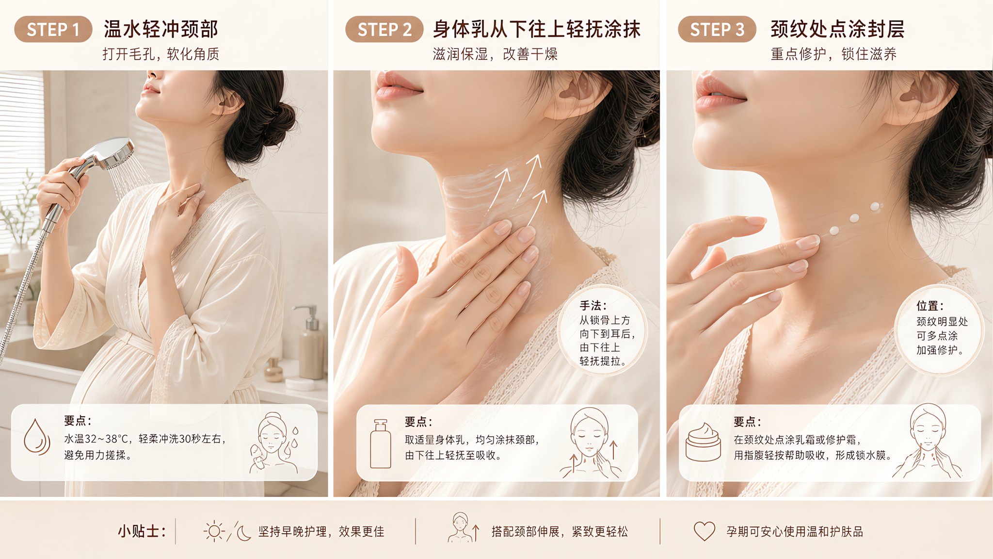 中国孕妇在浴室洗手台前进行颈部护理的三步分镜插画，人物为中国年轻孕妇，穿着简洁家居浴袍，动作分别为：