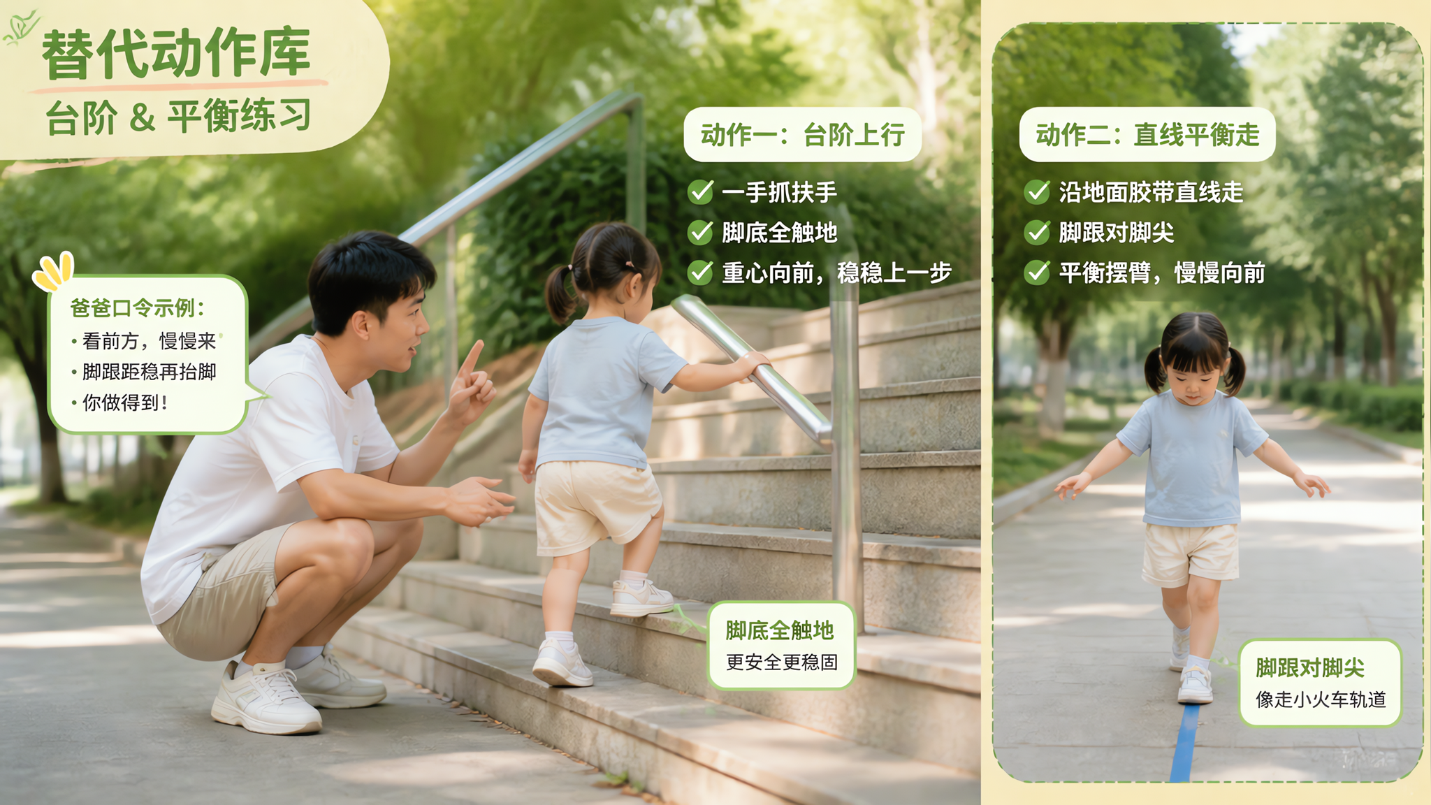 中国年轻爸爸在户外树荫下的人行道旁,陪一个中国学龄前儿童练习上台阶与平衡行走的动作分解场景,画面呈现