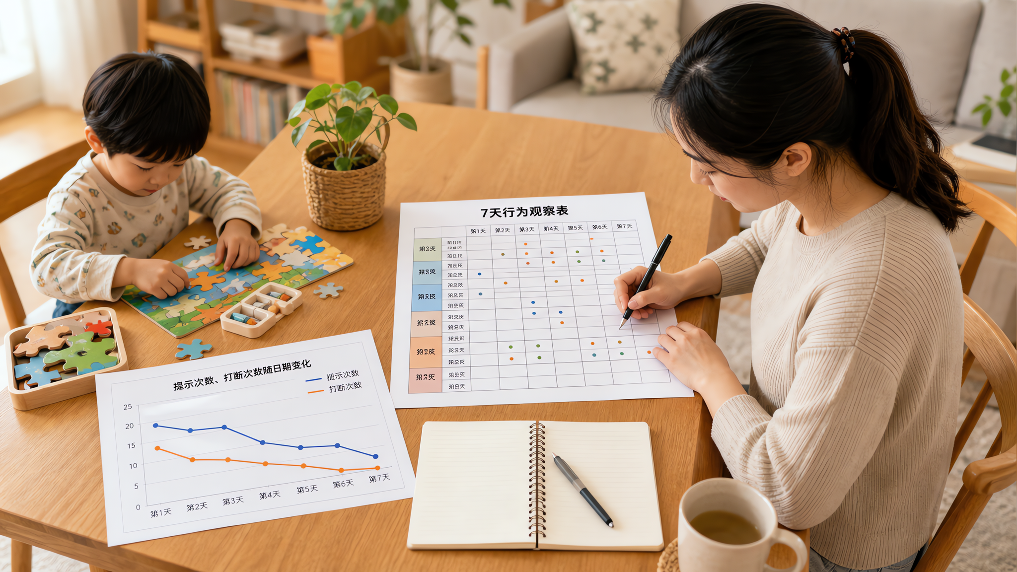 中国年轻妈妈在家中餐桌前填写“7天行为观察表”,旁边放着打印的表格和一张简单折线图(提示次数、打断次