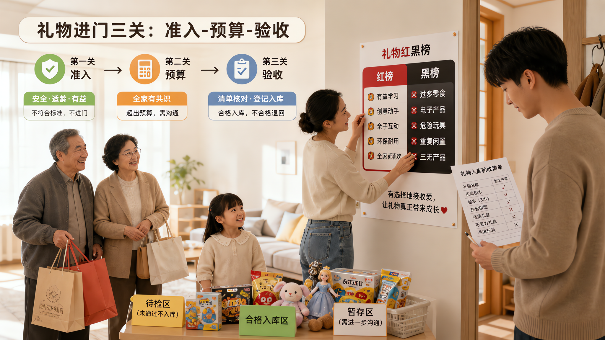 中国年轻父母在整洁明亮的客厅里接待来访的中国长辈,长辈手里拎着购物袋,爸爸在玄关处拿着“礼物入库验收