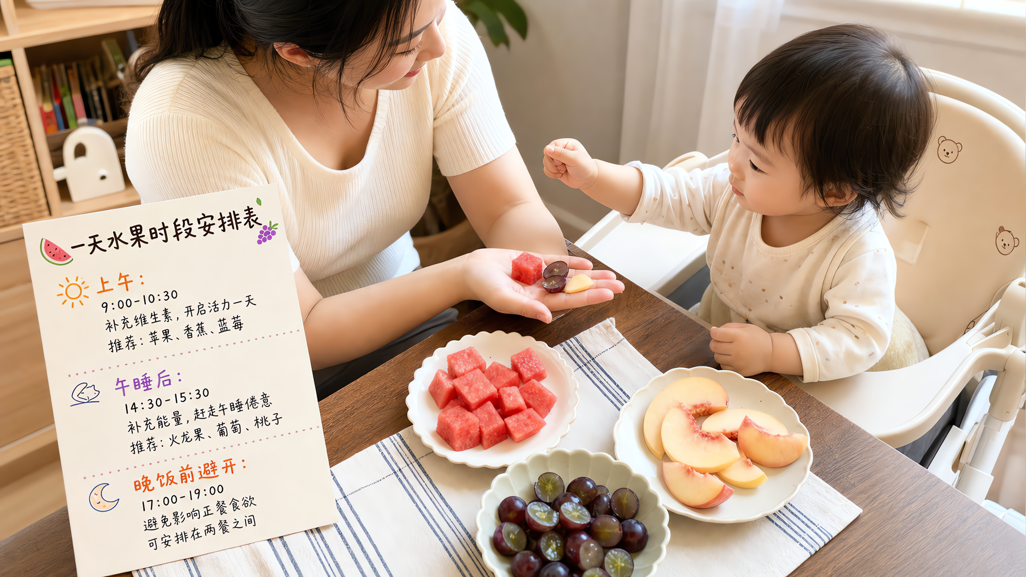 中国年轻妈妈在家中餐桌旁为1-2岁中国幼儿准备当季水果加餐,桌面上有切好的西瓜块、对半切的去籽葡萄、