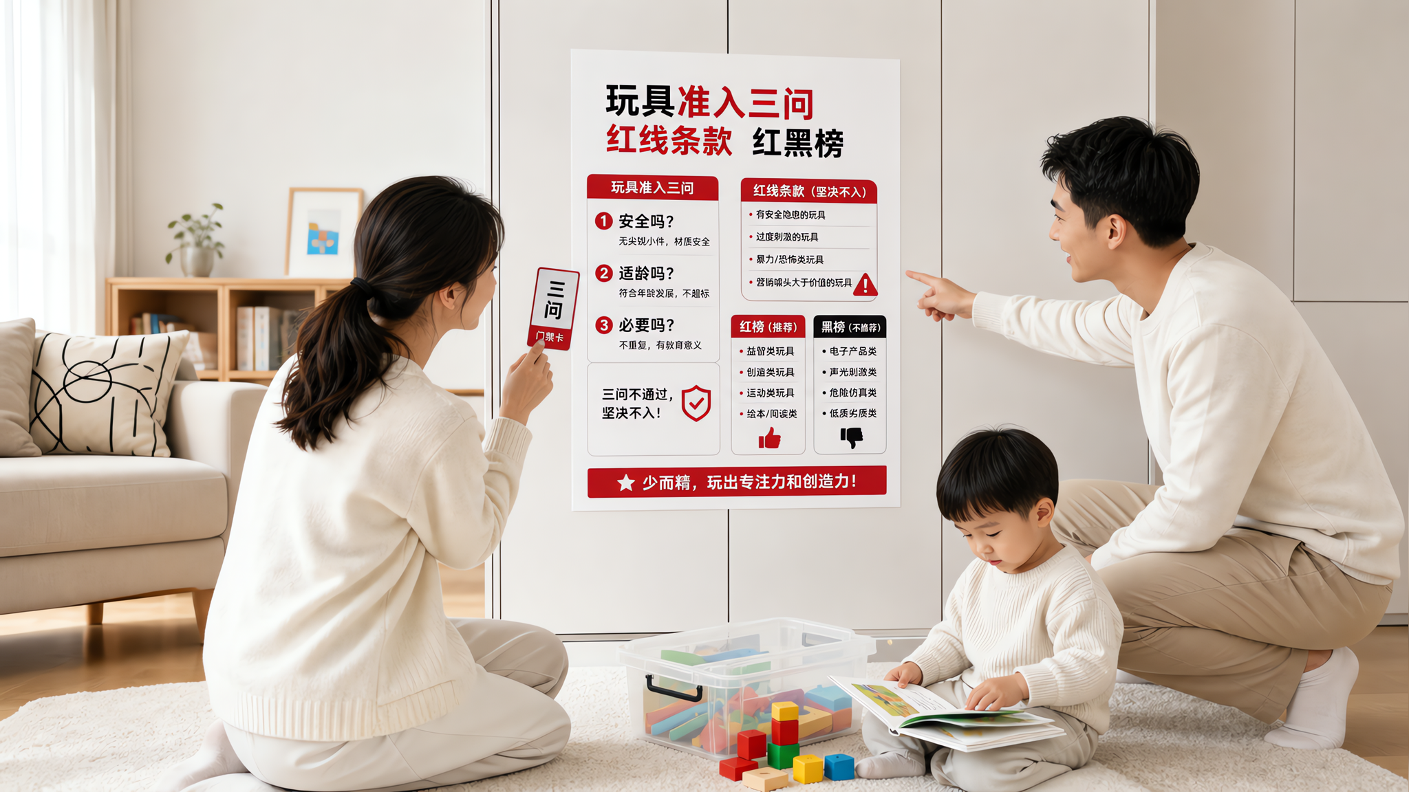 中国年轻爸爸妈妈在整洁明亮的客厅里,面对一张贴在收纳柜门上的“玩具准入三问 红线条款 红黑榜”海报,