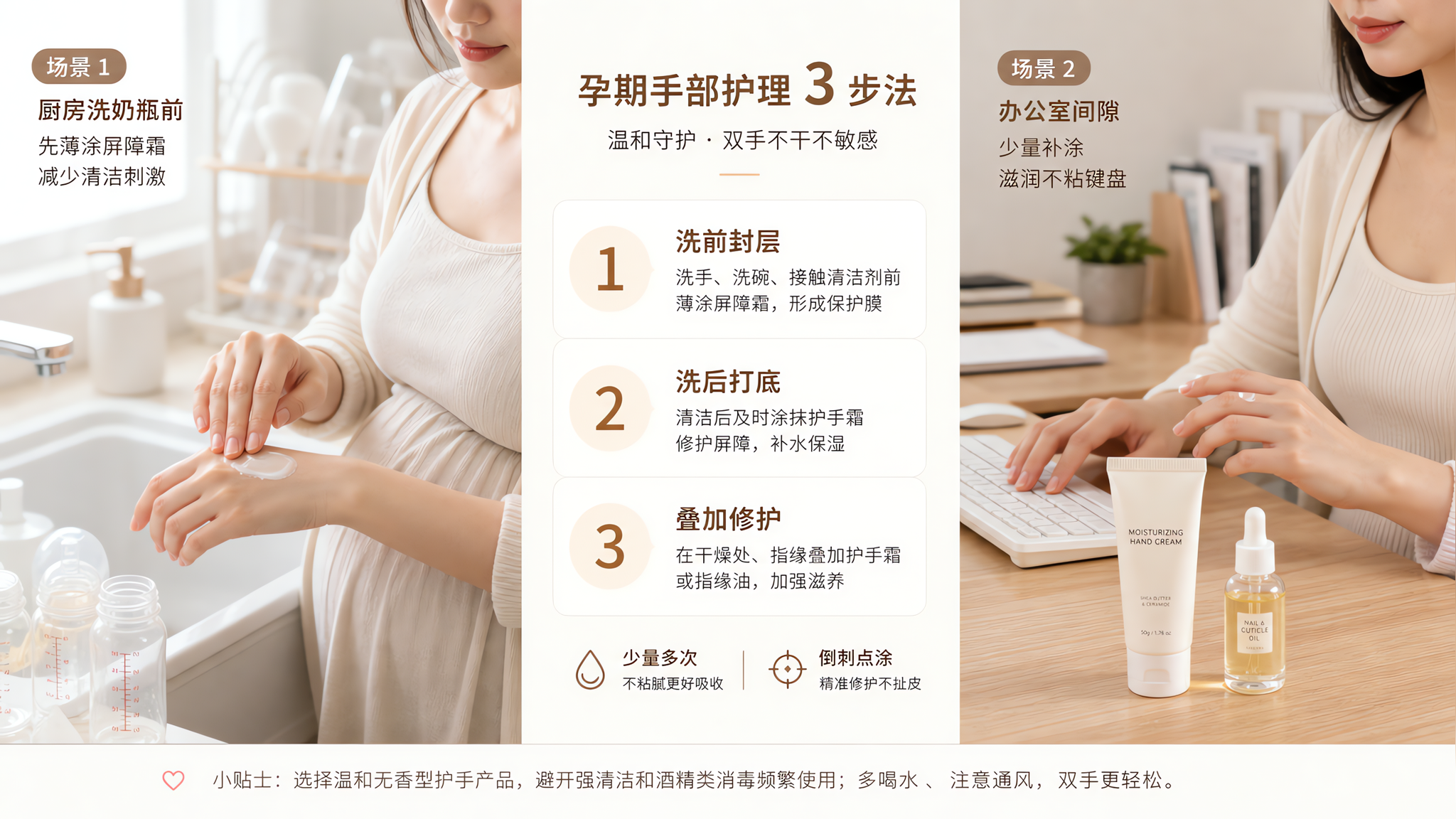 生活方式分镜海报风格，三栏清单构图（场景-产品-步骤），画面中为中国孕期年轻女性的手部特写与半身场景