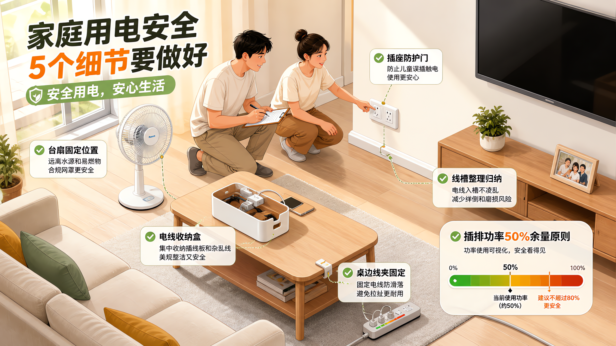 等轴视角的中国家庭客厅场景插画风,画面中有中国年轻爸爸和中国年轻妈妈在给客厅做用电检查,地面原本杂乱