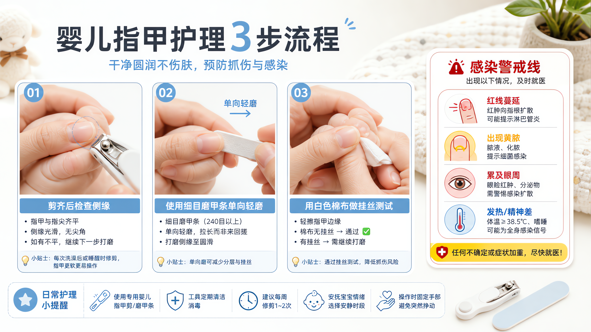 中国年轻妈妈在家中明亮的卧室或客厅里,为中国婴儿进行指甲护理的手部特写,画面分步呈现“剪齐后检查侧缘
