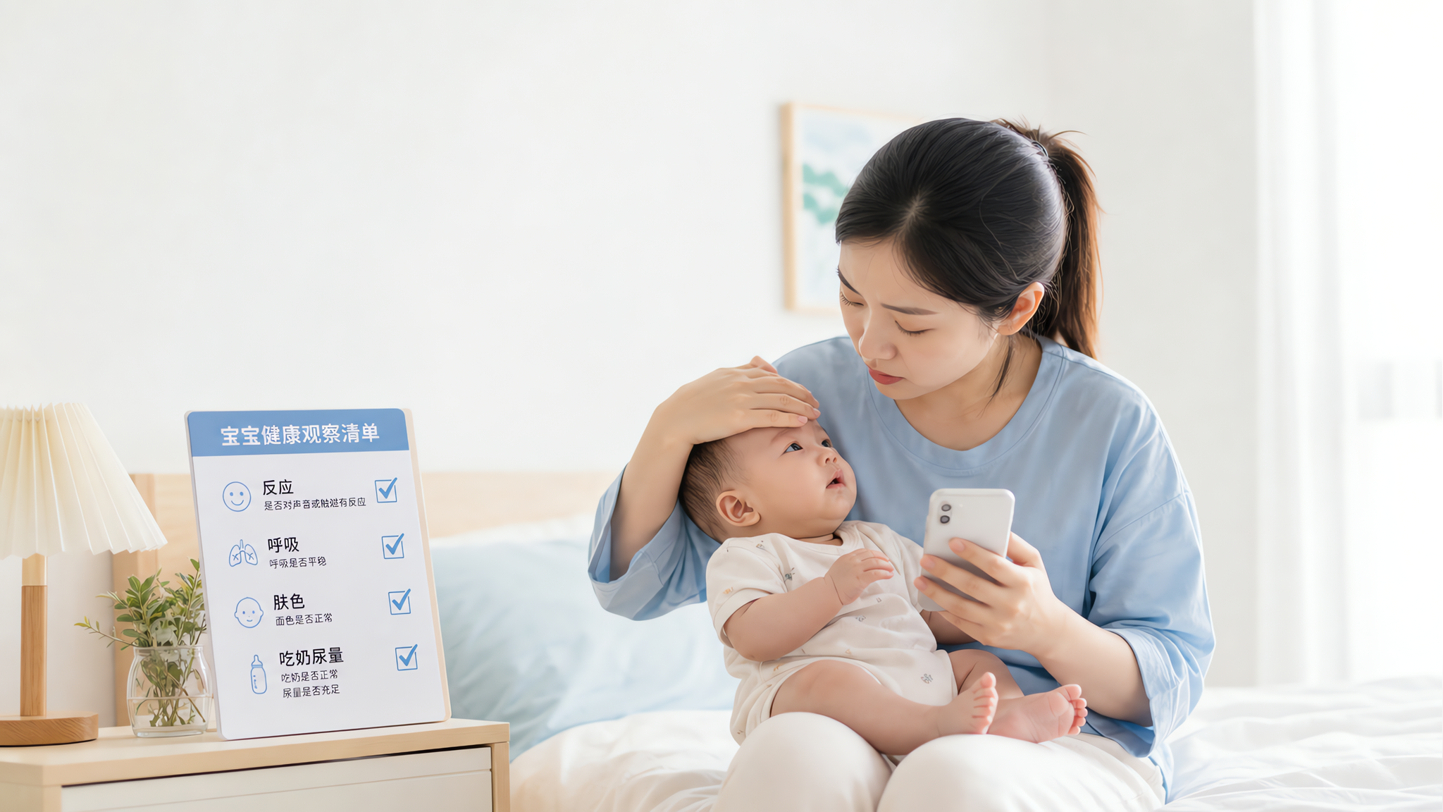 中国年轻妈妈在家中明亮整洁的卧室里,抱着0-1岁中国婴儿进行观察,妈妈一手轻触宝宝额头一手拿手机记录