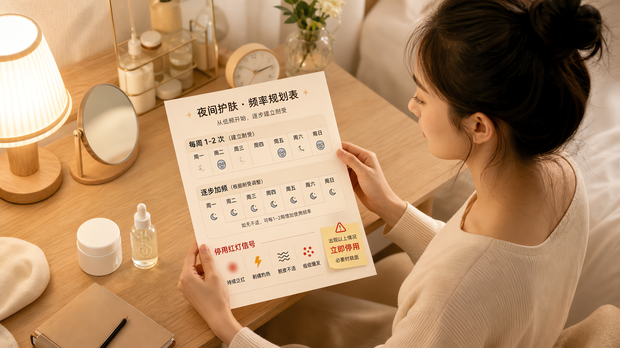 中国年轻女性在卧室梳妆台前做夜间护肤规划，手里拿着一张“日历式频率表”纸张，上面用简洁图标标注每周1