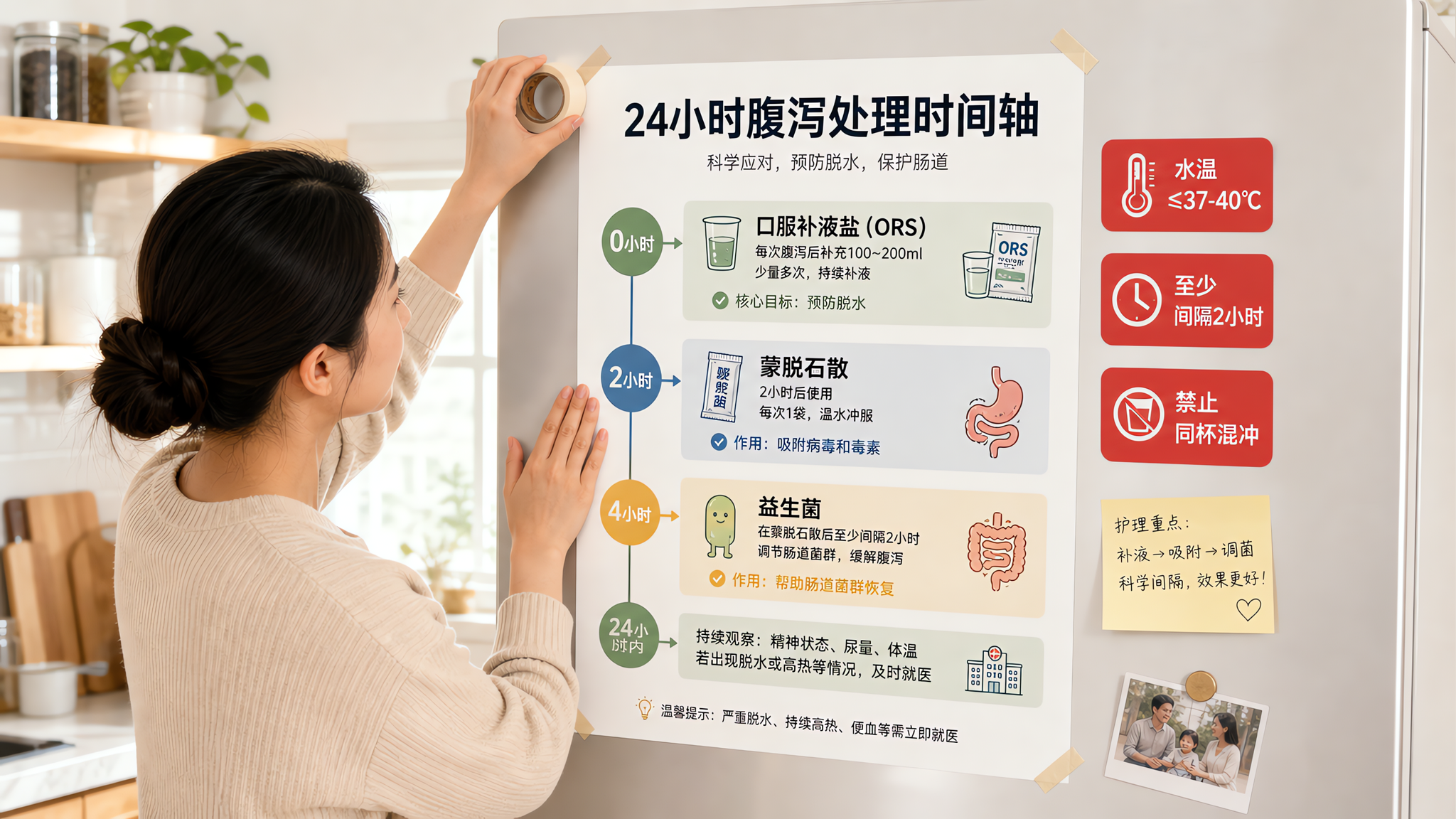 莫兰迪中性底色的家庭健康科普海报风格画面,场景为中国年轻妈妈在厨房冰箱门上张贴“24小时腹泻处理时间