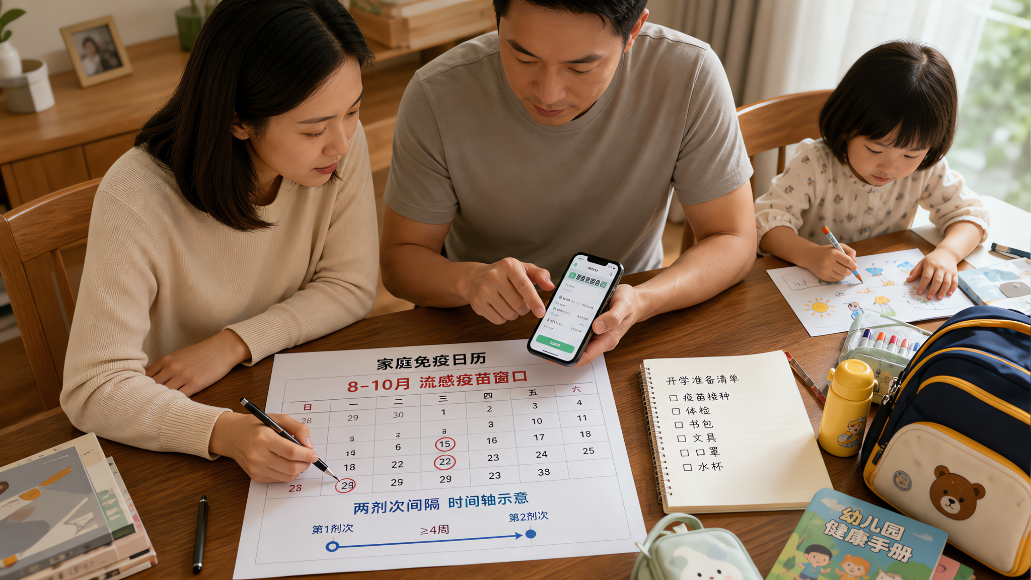 中国年轻父母在家中餐桌旁制定家庭免疫日历,桌上摊开纸质日历与手机日历界面,日历上清晰标注“8-10月