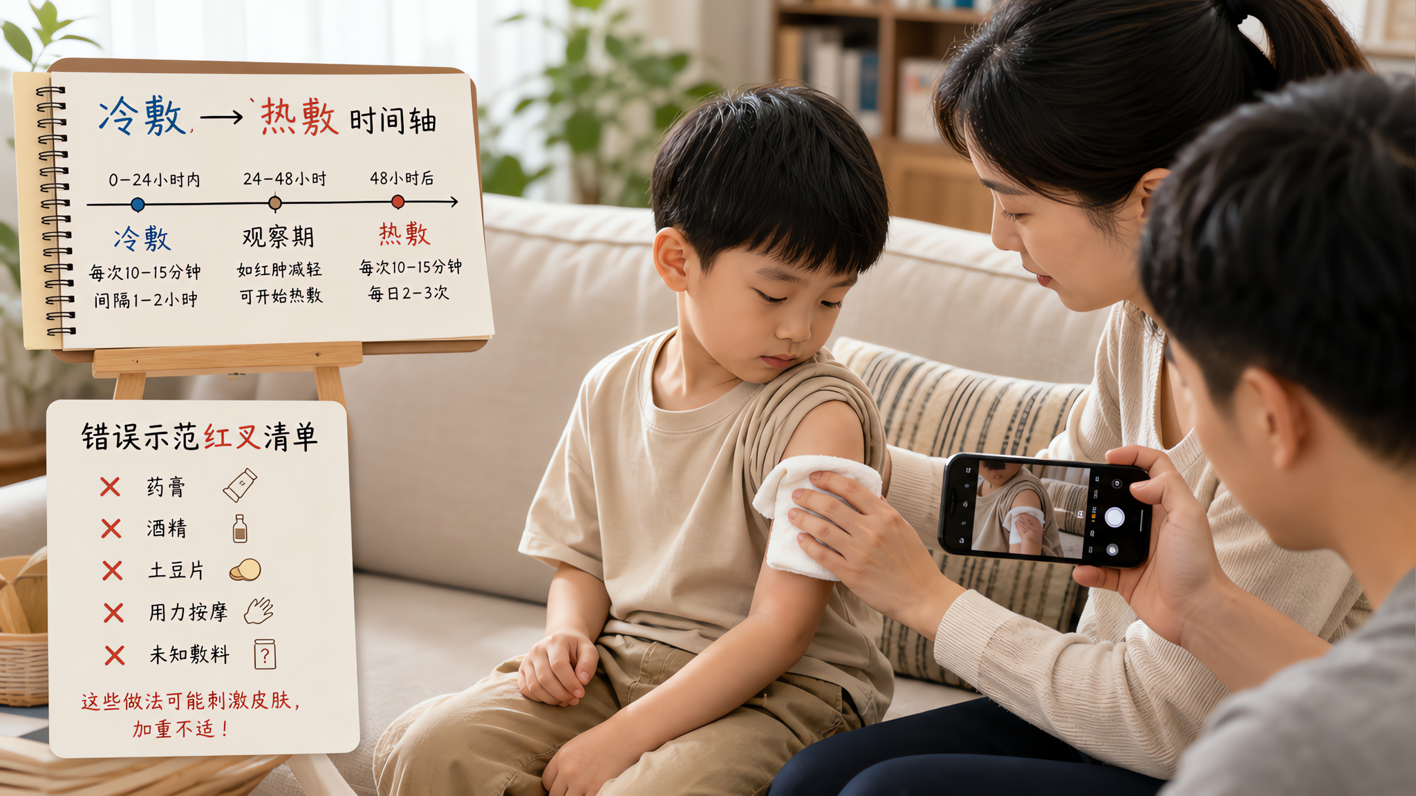 中国年轻父母在家中客厅，妈妈坐在沙发旁用毛巾包裹的冷敷袋轻轻敷在中国学龄前儿童上臂注射部位，爸爸在一