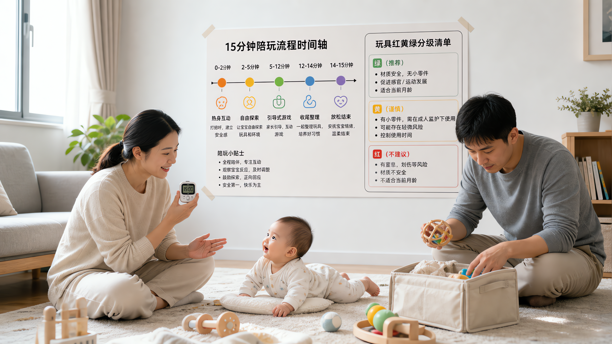 中国年轻父母在现代简洁的家庭客厅中与中国0-1岁婴儿进行坐卧位微互动陪玩,妈妈拿着计时器并用温和表情