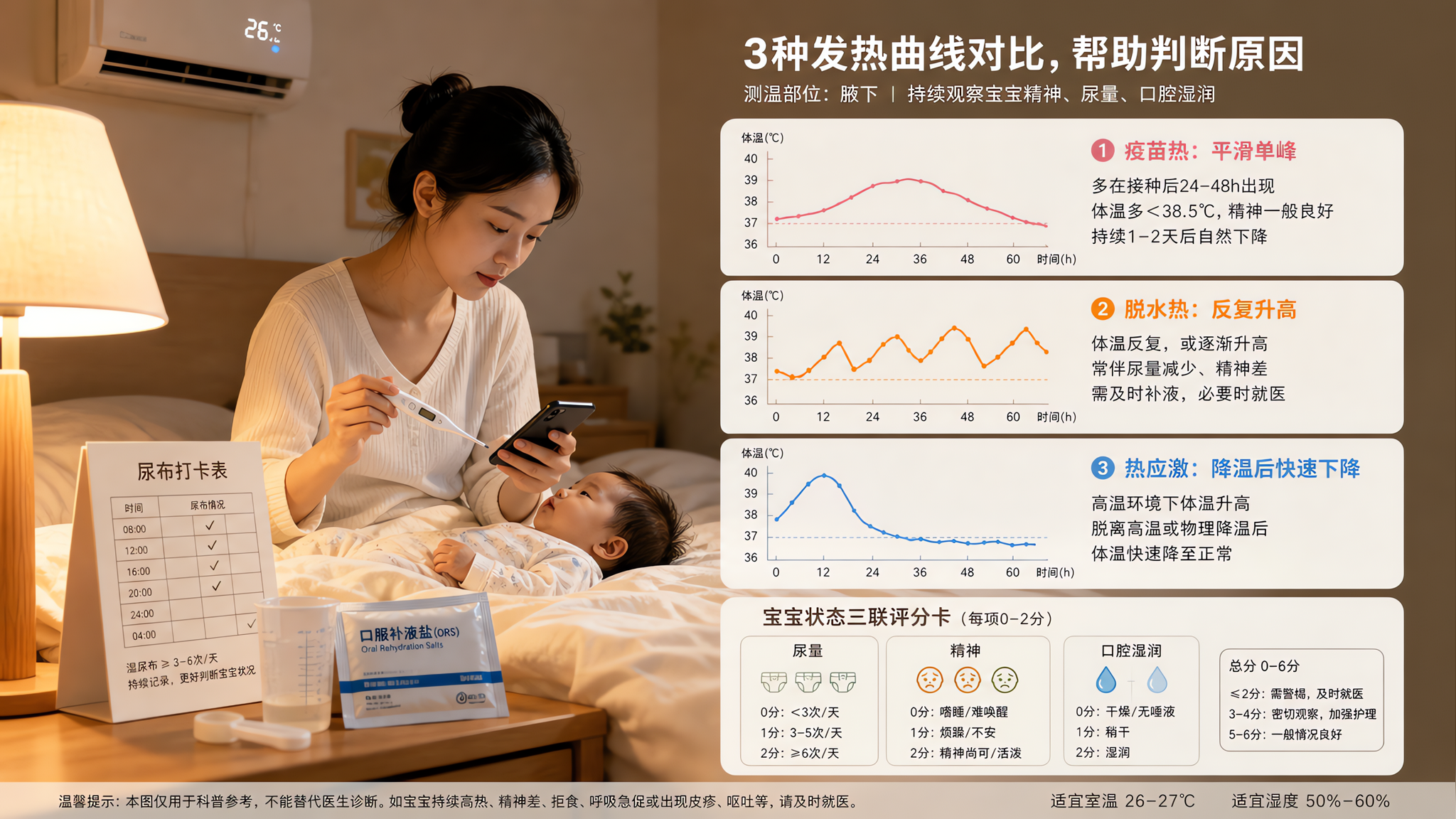 中国年轻妈妈在卧室夜间柔和台灯下照看中国婴幼儿,手里拿着体温计和手机记录体温曲线,床头放着尿布打卡表