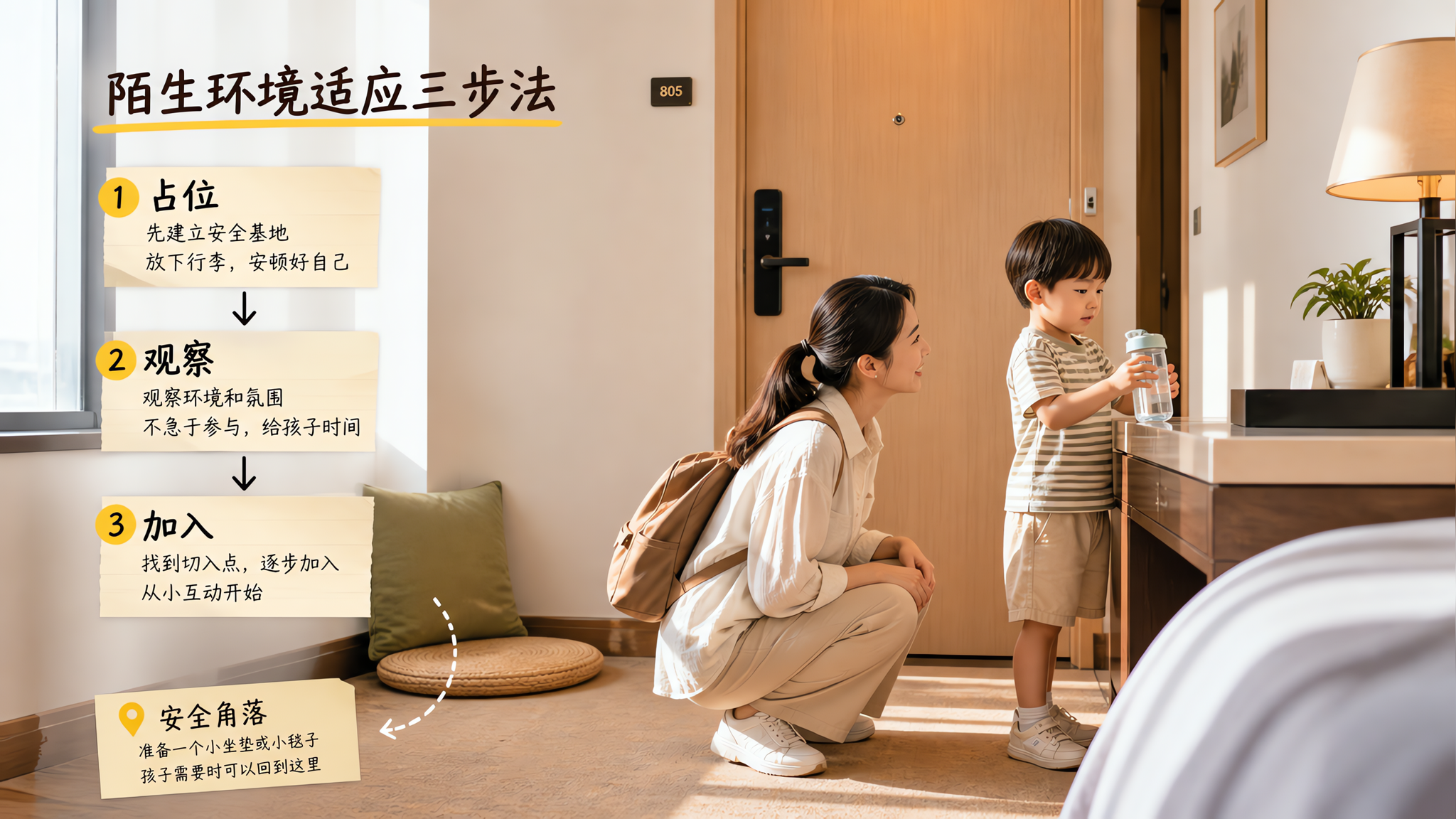 中国年轻妈妈带着一名中国幼儿在旅行住宿的酒店房间门口进行“陌生环境适应三步法”示范，画面包含清晰的三