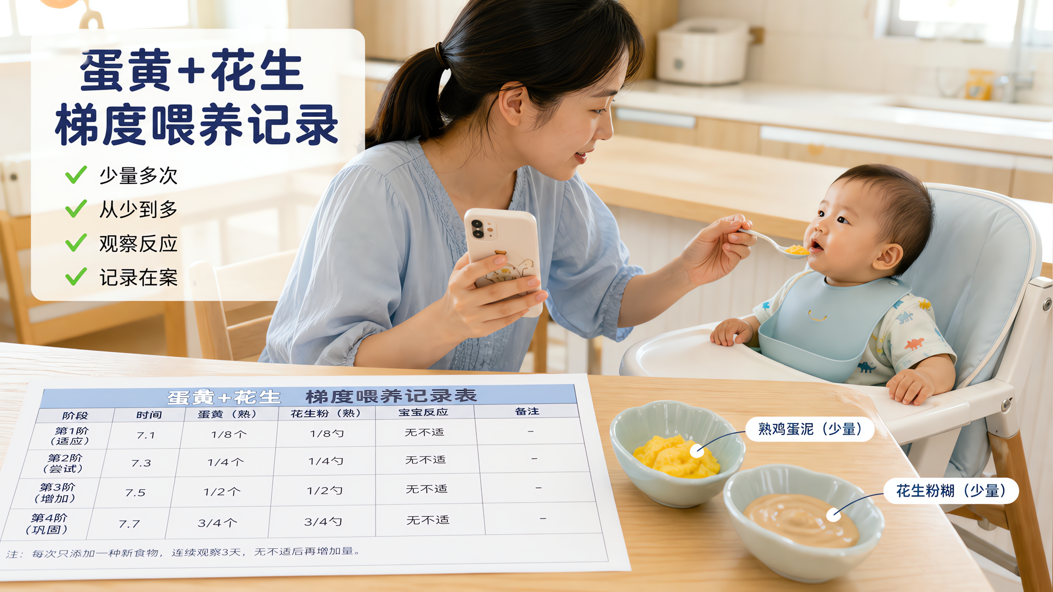 鸡蛋花生别硬上：按梯度微量递进+记录表更稳