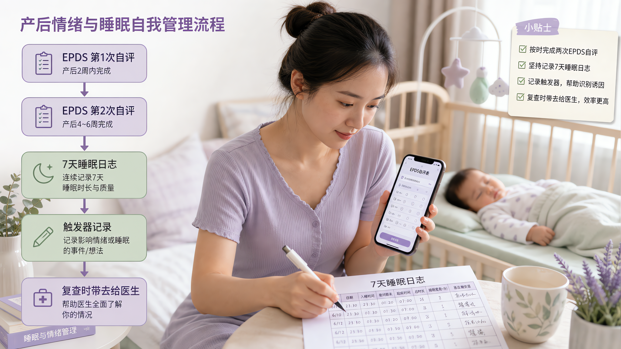 产后4–6周别硬扛：EPDS两次自评+7天睡眠日志