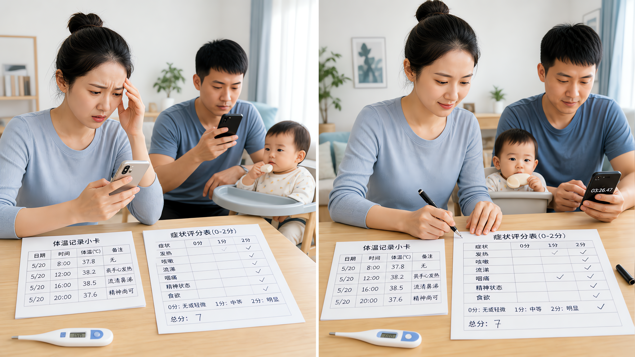 中国年轻妈妈在家中餐桌前为中国婴幼儿记录体温与症状评分,桌面上清晰可见“体温记录小卡”和“症状评分表