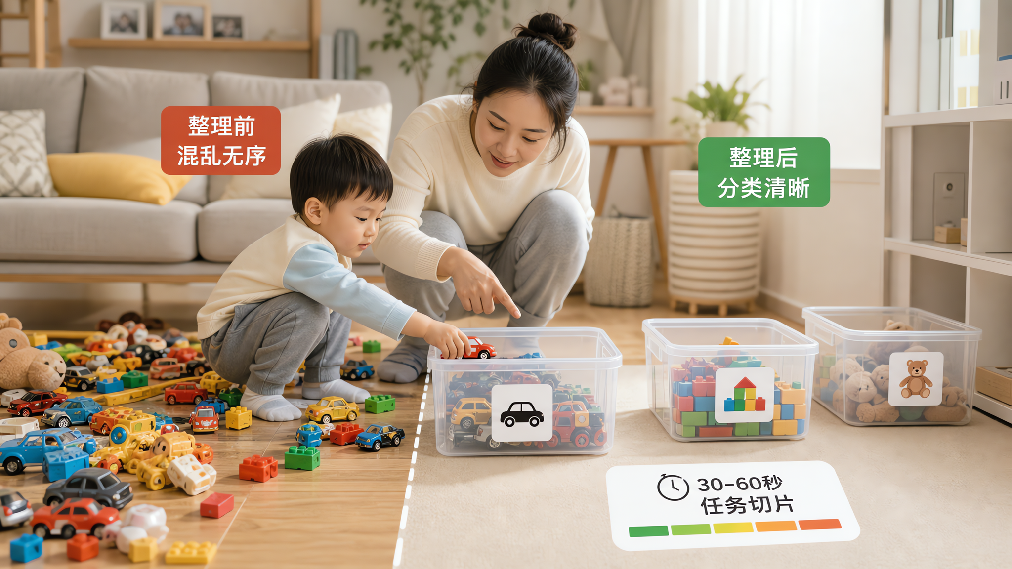 孩子爱排队不让你动？用3步收纳让他自己归位
