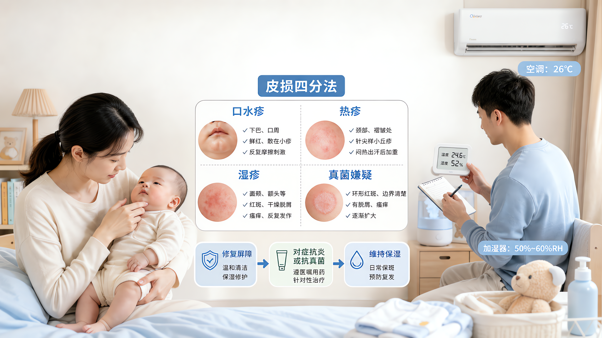 宝宝下巴脖子红一片：先别抹药，用皮损四分法对症